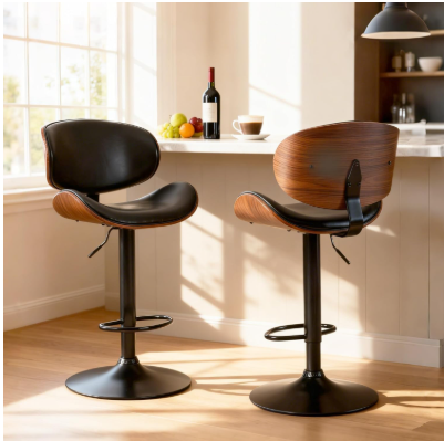 Set of 2 Adjustable‑Height Swivel Bar Stools – PU Leather, Bentwood Frame