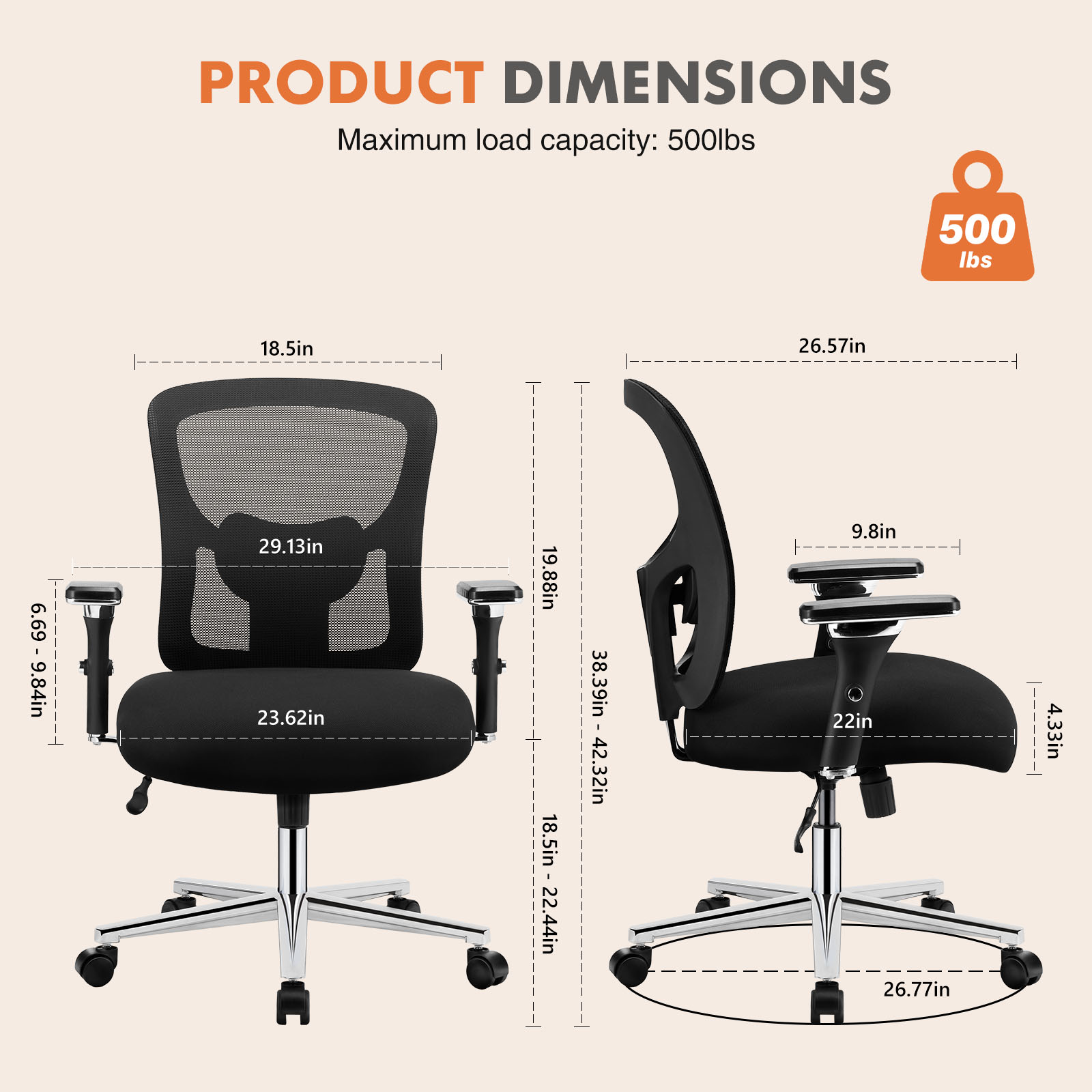 Big And Tall Office Chair – 500 lb Capacity, Wide Mesh Seat, 4‑D Adjustable Arms, view 4