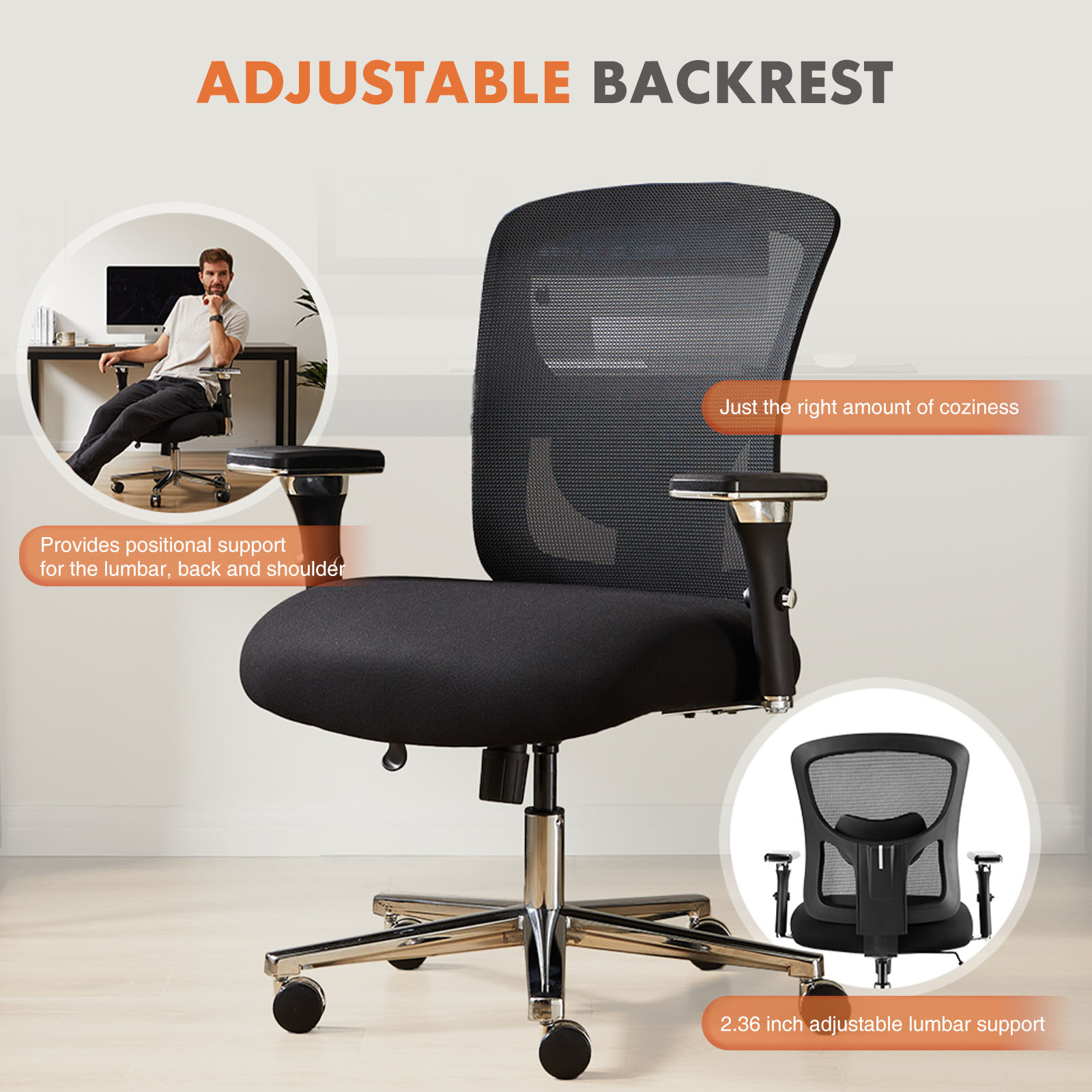 Big And Tall Office Chair – 500 lb Capacity, Wide Mesh Seat, 4‑D Adjustable Arms, view 7