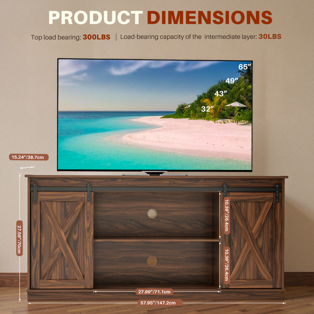 65‑Inch Wooden TV Cabinet – Quiet Sliding Doors, 300 lb Capacity, Adjustable Shelves, view 5