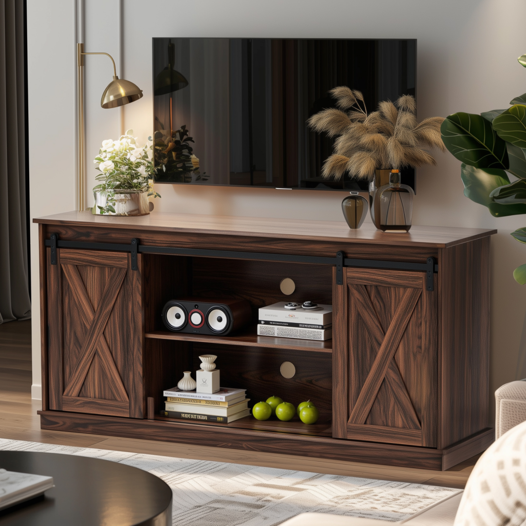 65‑Inch Wooden TV Cabinet – Quiet Sliding Doors, 300 lb Capacity, Adjustable Shelves, view 2