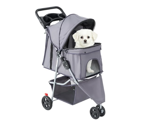 Foldable Lightweight Pet Stroller for Small Dogs & Cats – Grey with Storage Basket