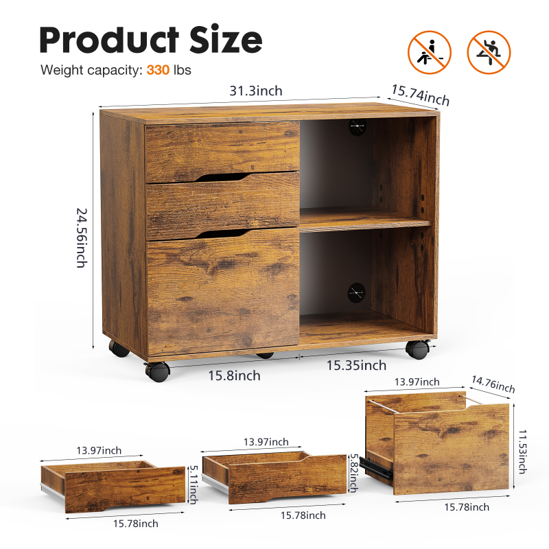 Rolling 3-Drawer Lateral File Cabinet With Printer Shelf & Cable Holes
