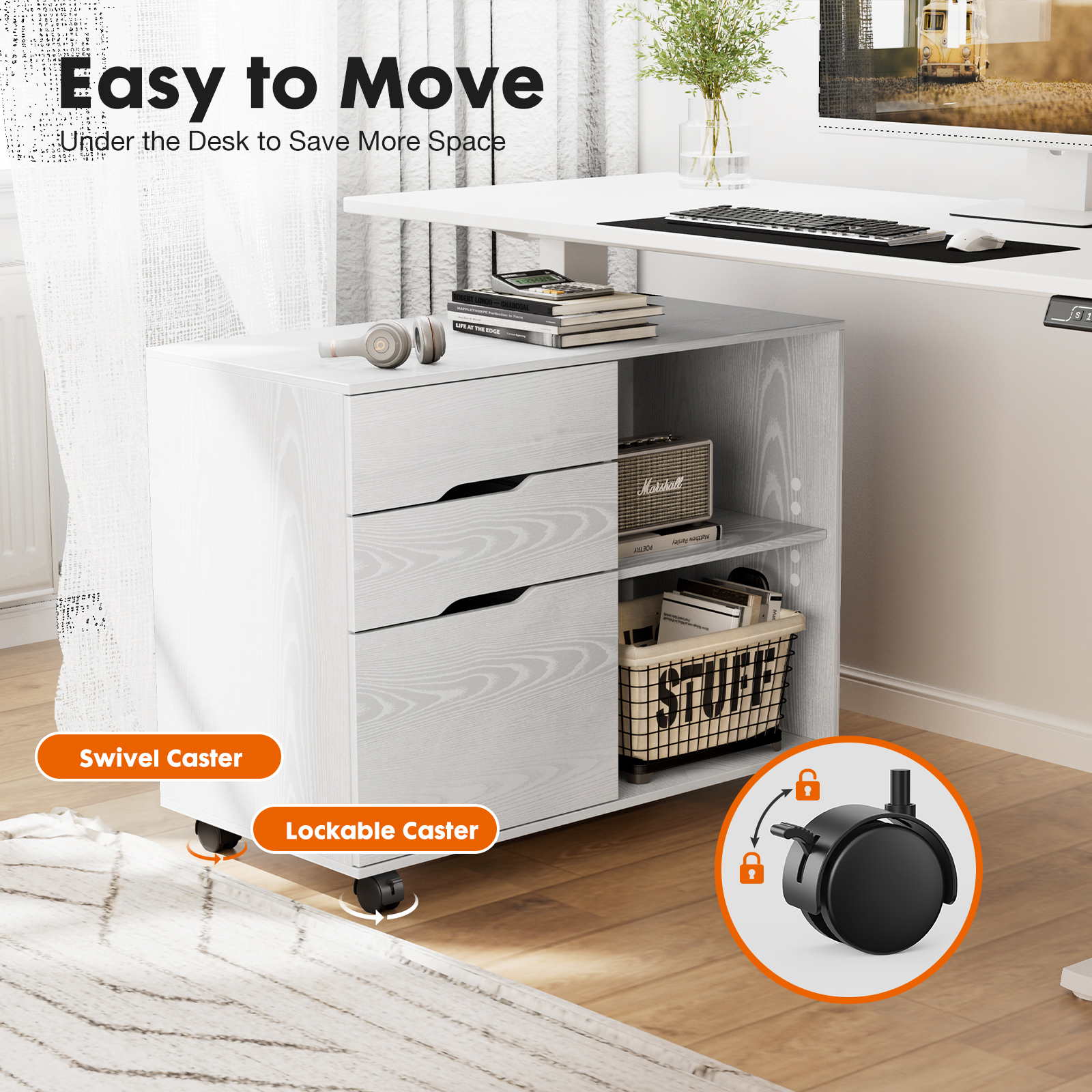 Rolling 3-Drawer Lateral File Cabinet With Printer Shelf & Cable Holes, view 6
