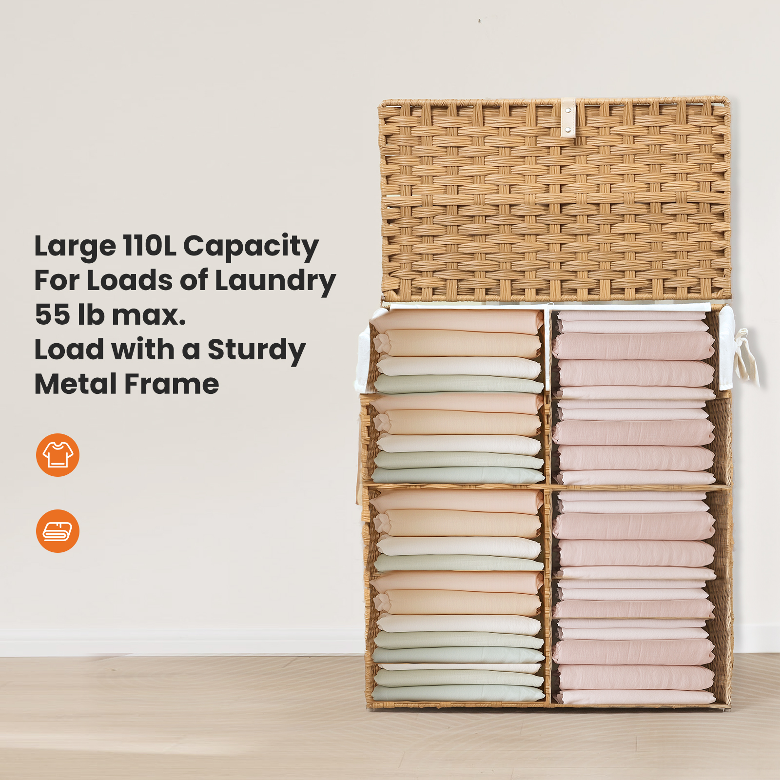 110 L Hand‑Woven Rattan Laundry Basket with Lid, Divider, Foldable Design, view 3