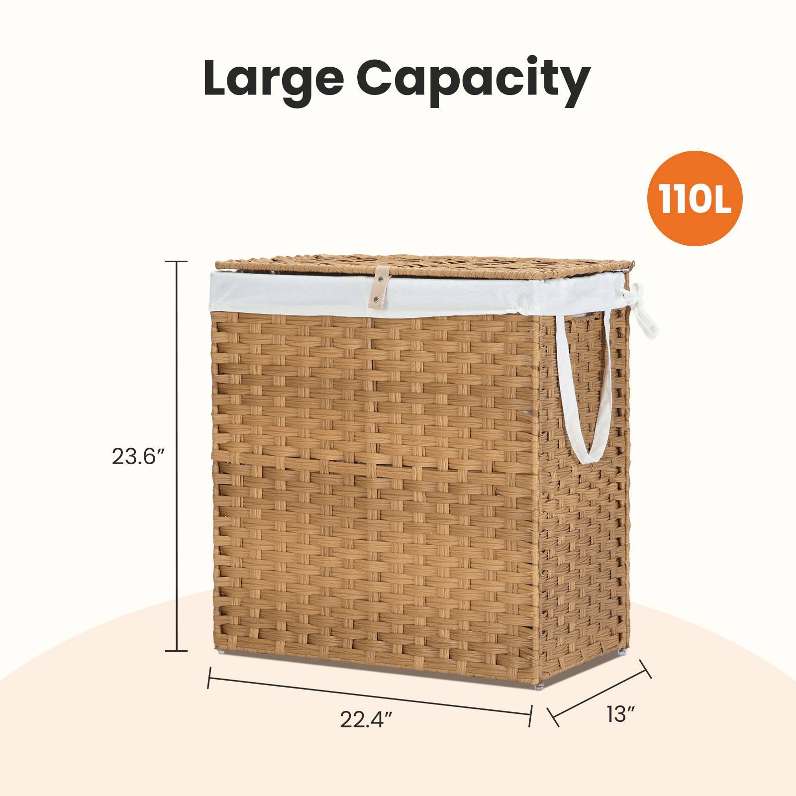 110 L Hand‑Woven Rattan Laundry Basket with Lid, Divider, Foldable Design, view 6