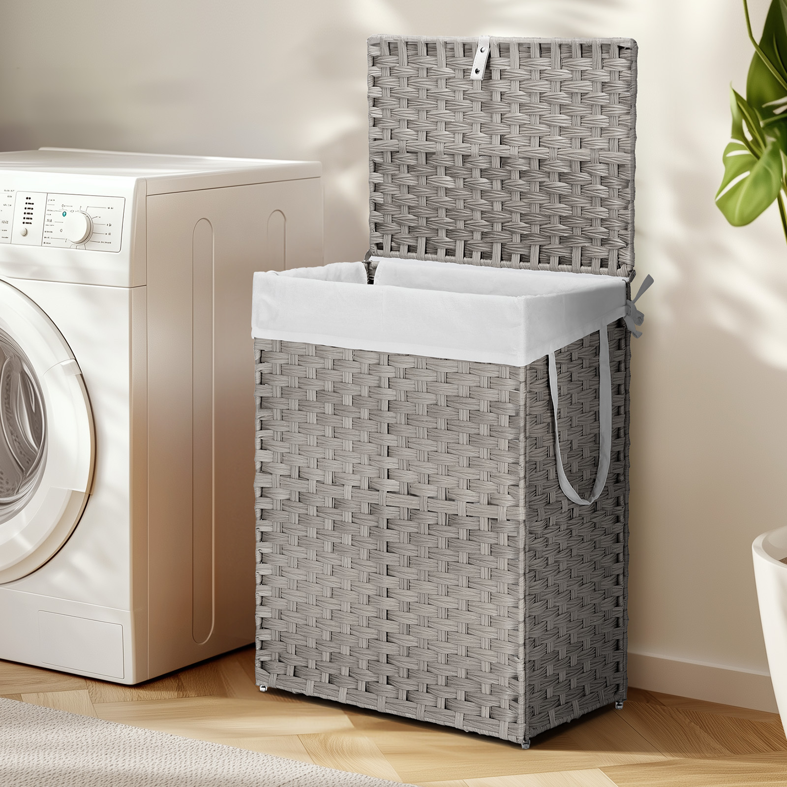 110 L Hand‑Woven Rattan Laundry Basket with Lid, Divider, Foldable Design