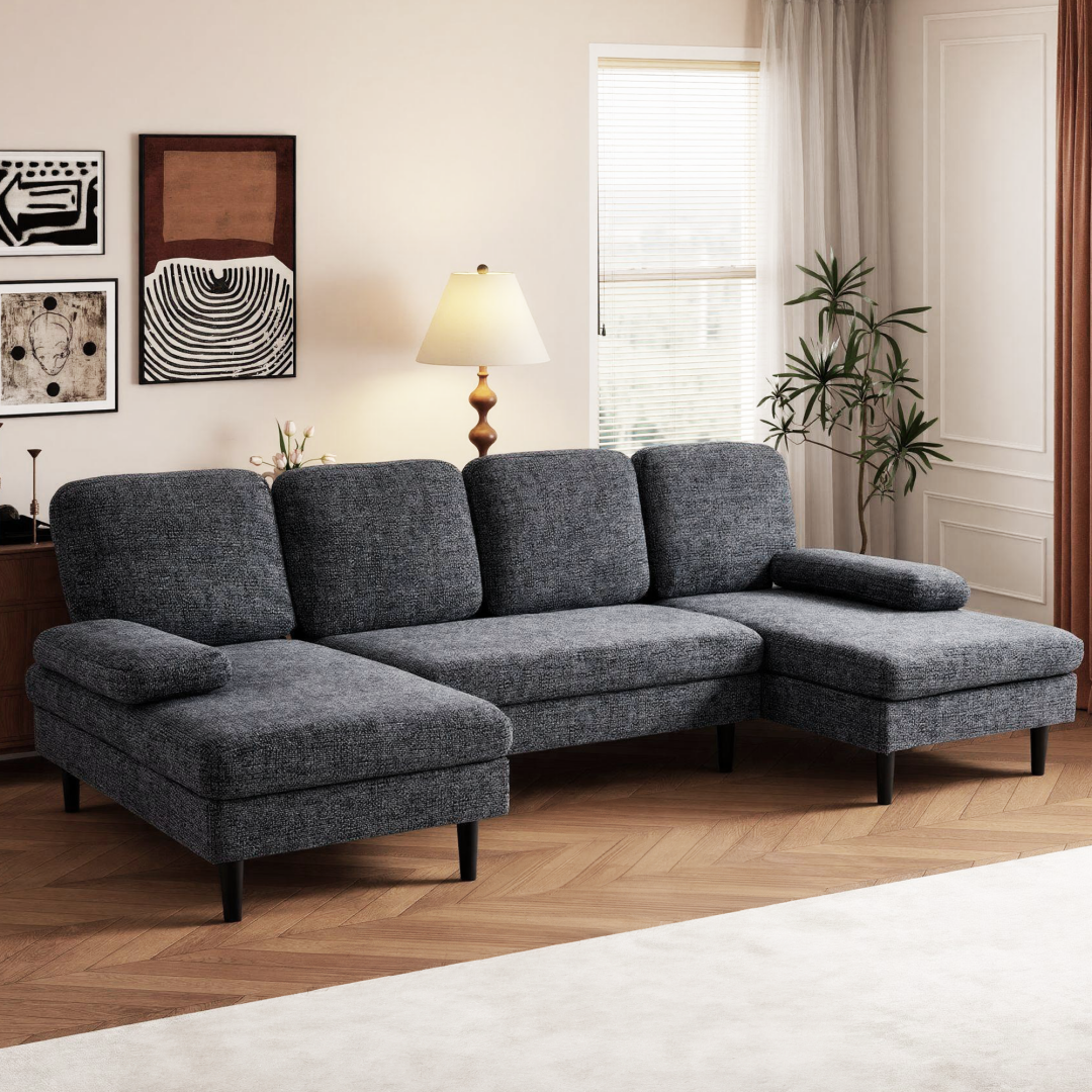 U‑Shaped 4‑Seat Chenille Sectional Sofa – Dark Grey, 100‑Inch Width