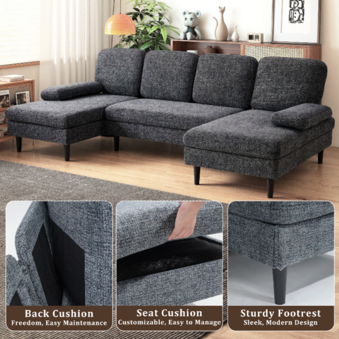 U‑Shaped 4‑Seat Chenille Sectional Sofa – Dark Grey, 100‑Inch Width, view 7