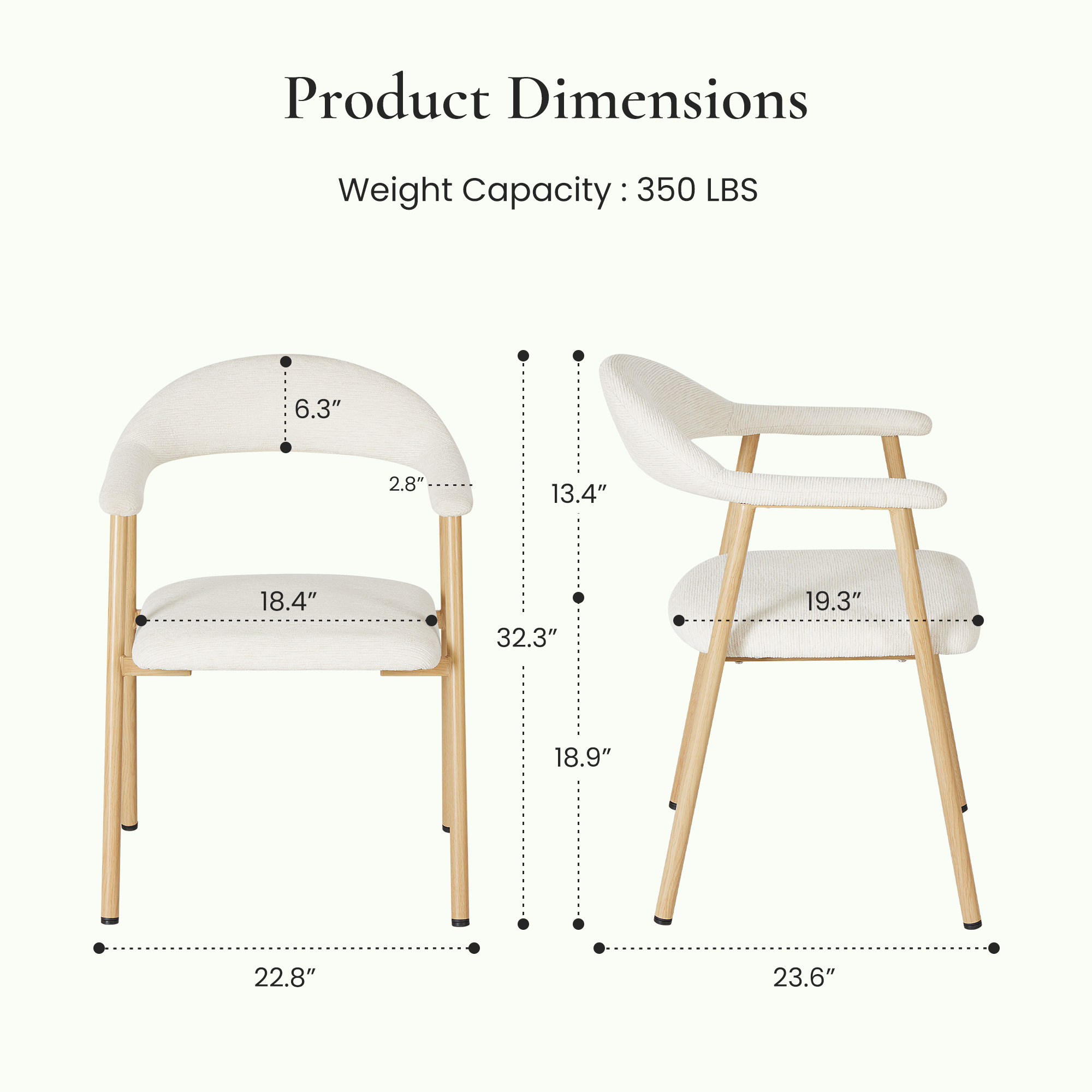 Upholstered Dining Chairs Set of 2 — Curved Arm Back, Wood-Look Legs, view 2