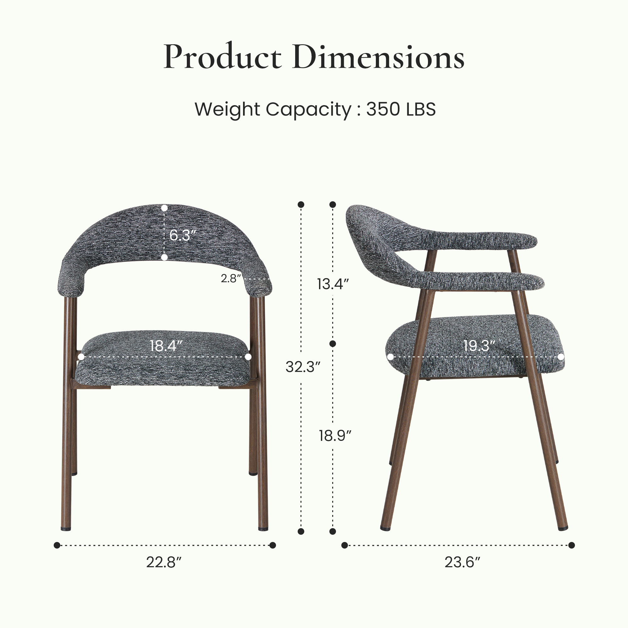 Upholstered Dining Chairs Set of 2 — Curved Arm Back, Wood-Look Legs, view 3
