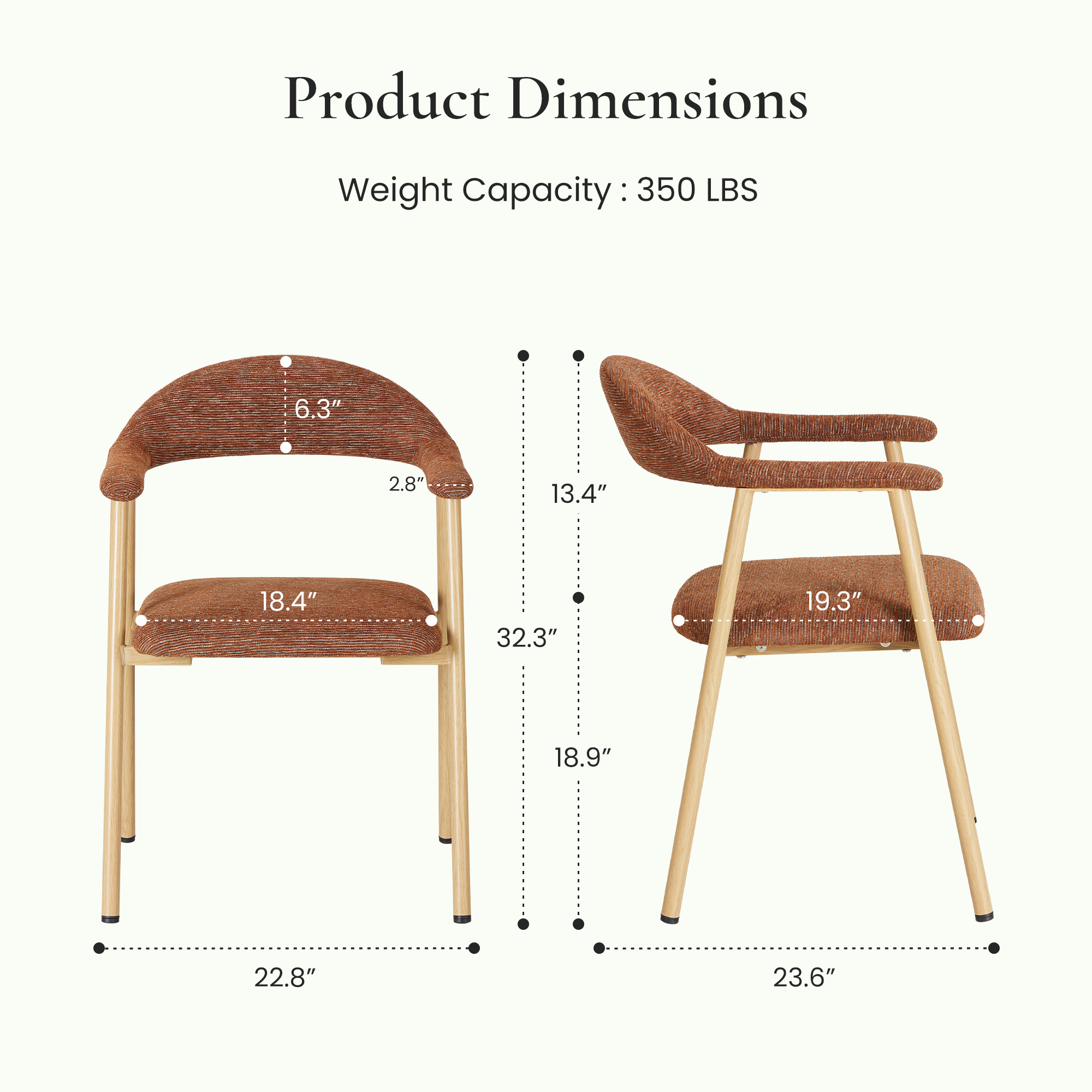Upholstered Dining Chairs Set of 2 — Curved Arm Back, Wood-Look Legs, view 4