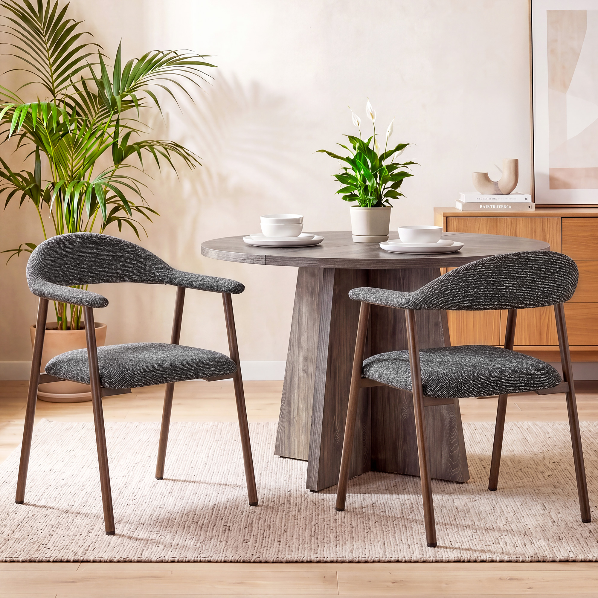 Upholstered Dining Chairs Set of 2 — Curved Arm Back, Wood-Look Legs, view 8