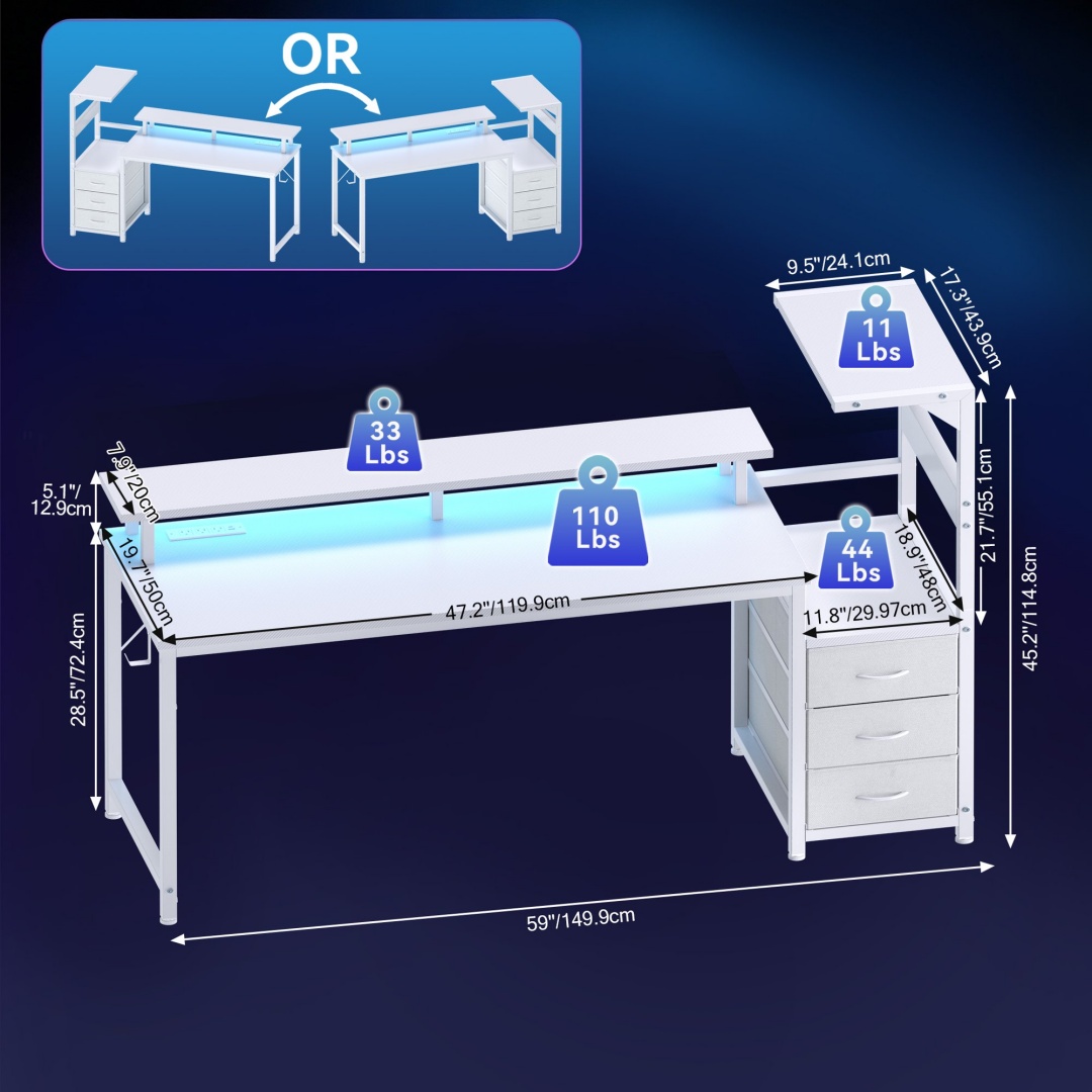 Reversible Gaming Desk With 3 Fabric Drawers, LED Strip & USB Ports
