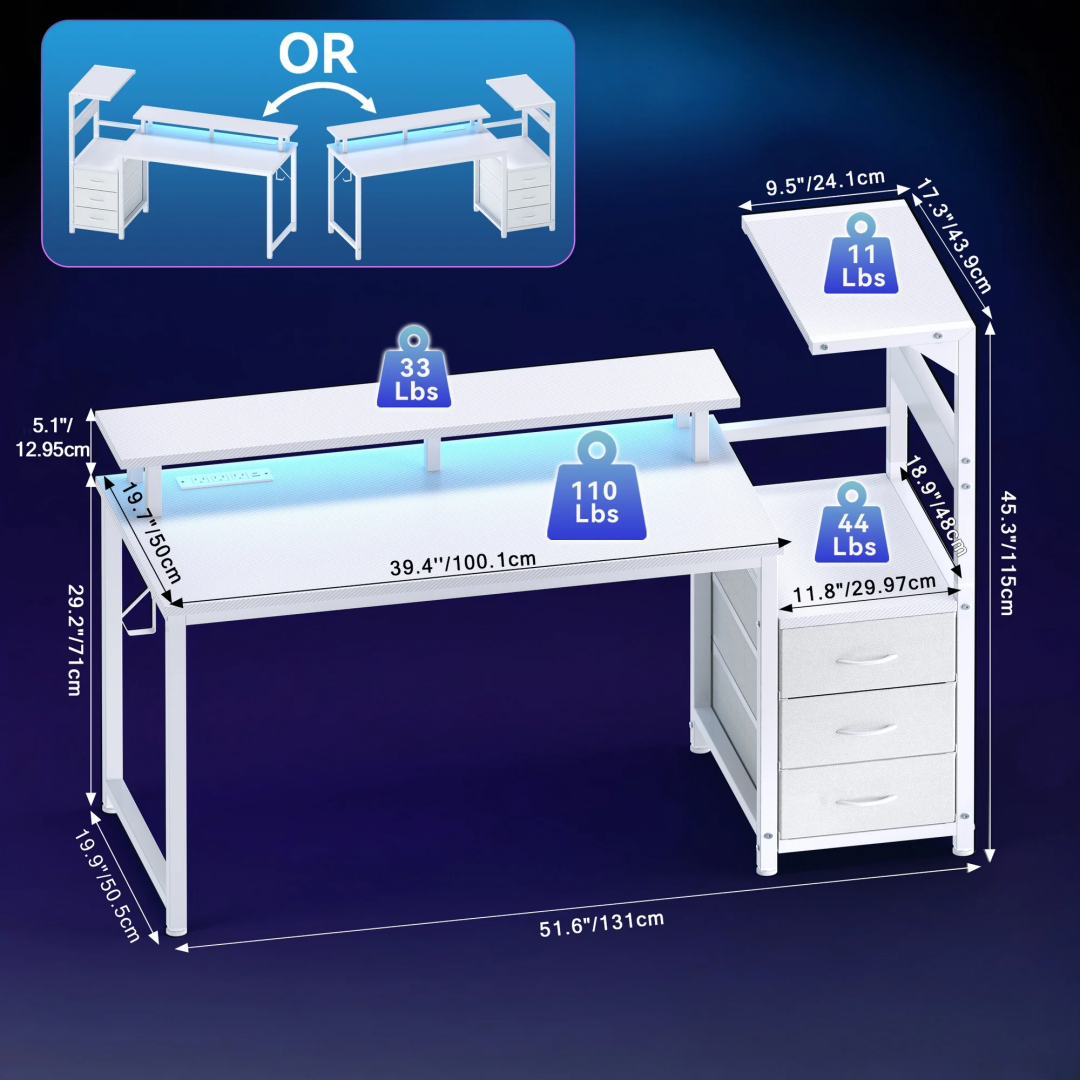 Reversible Gaming Desk With 3 Fabric Drawers, LED Strip & USB Ports, view 4