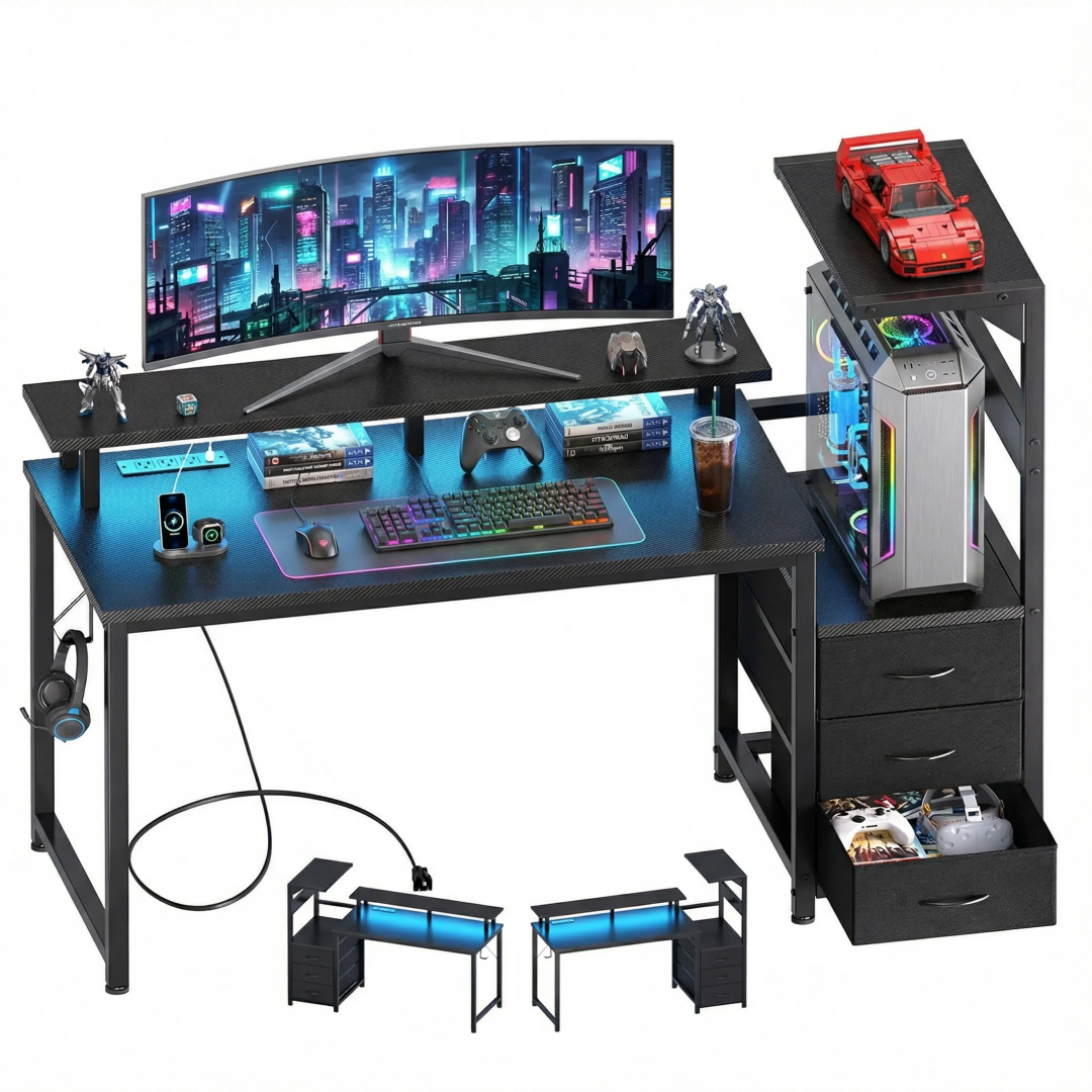 Reversible Gaming Desk With 3 Fabric Drawers, LED Strip & USB Ports, view 3