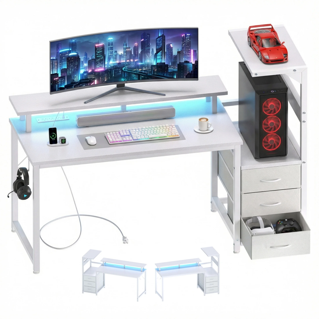 Reversible Gaming Desk With 3 Fabric Drawers, LED Strip & USB Ports, view 5