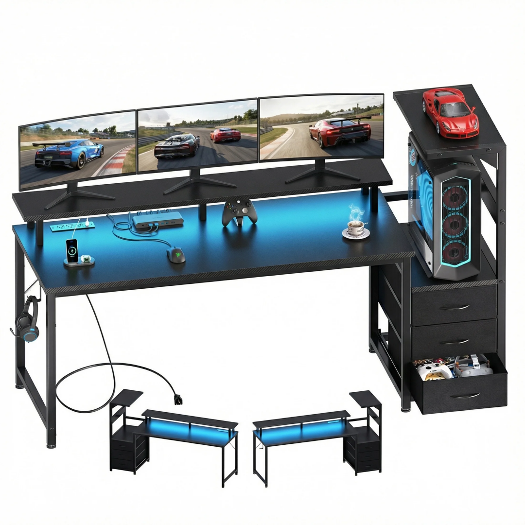 Reversible Gaming Desk With 3 Fabric Drawers, LED Strip & USB Ports, view 6