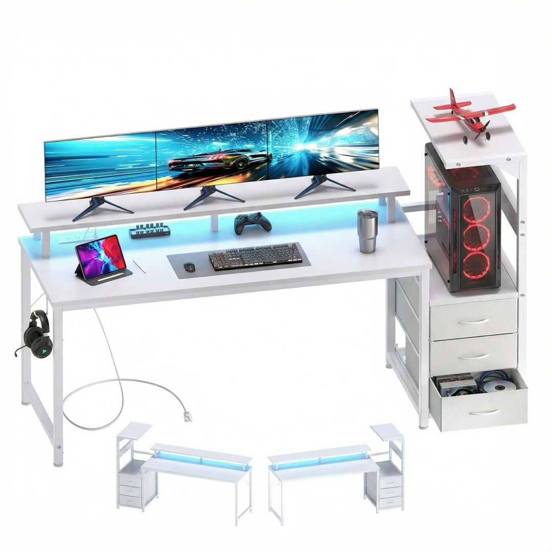 Reversible Gaming Desk With 3 Fabric Drawers, LED Strip & USB Ports, view 2