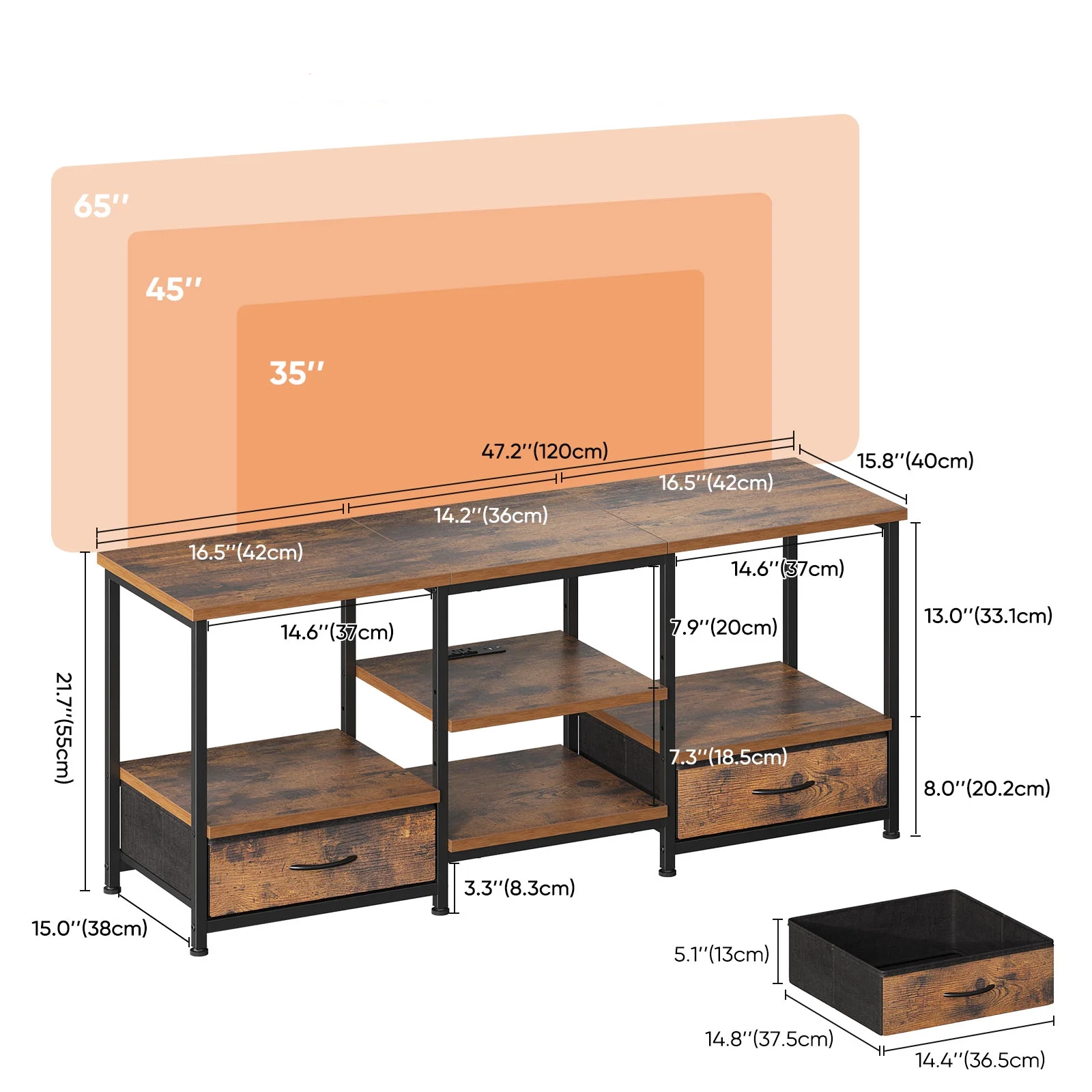 Cable‑Free Living: TV Stand Featuring Built‑In Outlet, Fabric Drawers & 110 lb Shelf Support