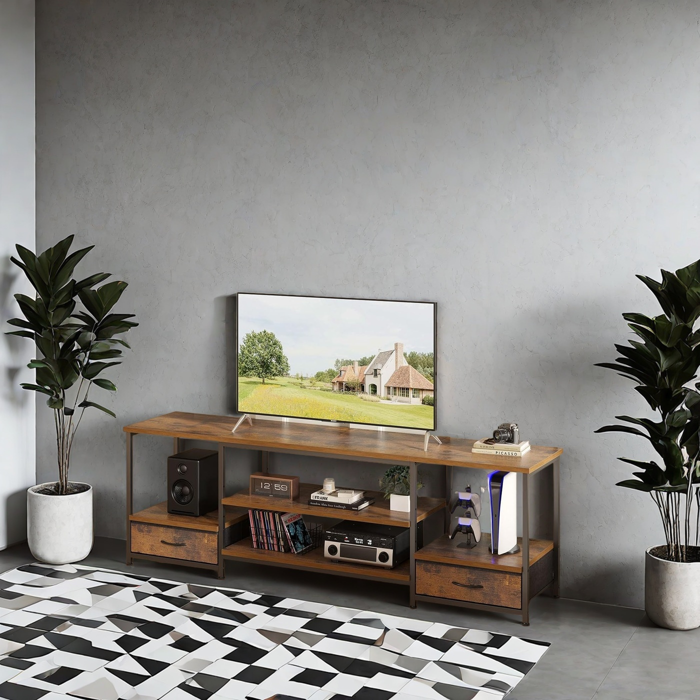Cable‑Free Living: TV Stand Featuring Built‑In Outlet, Fabric Drawers & 110 lb Shelf Support, view 5