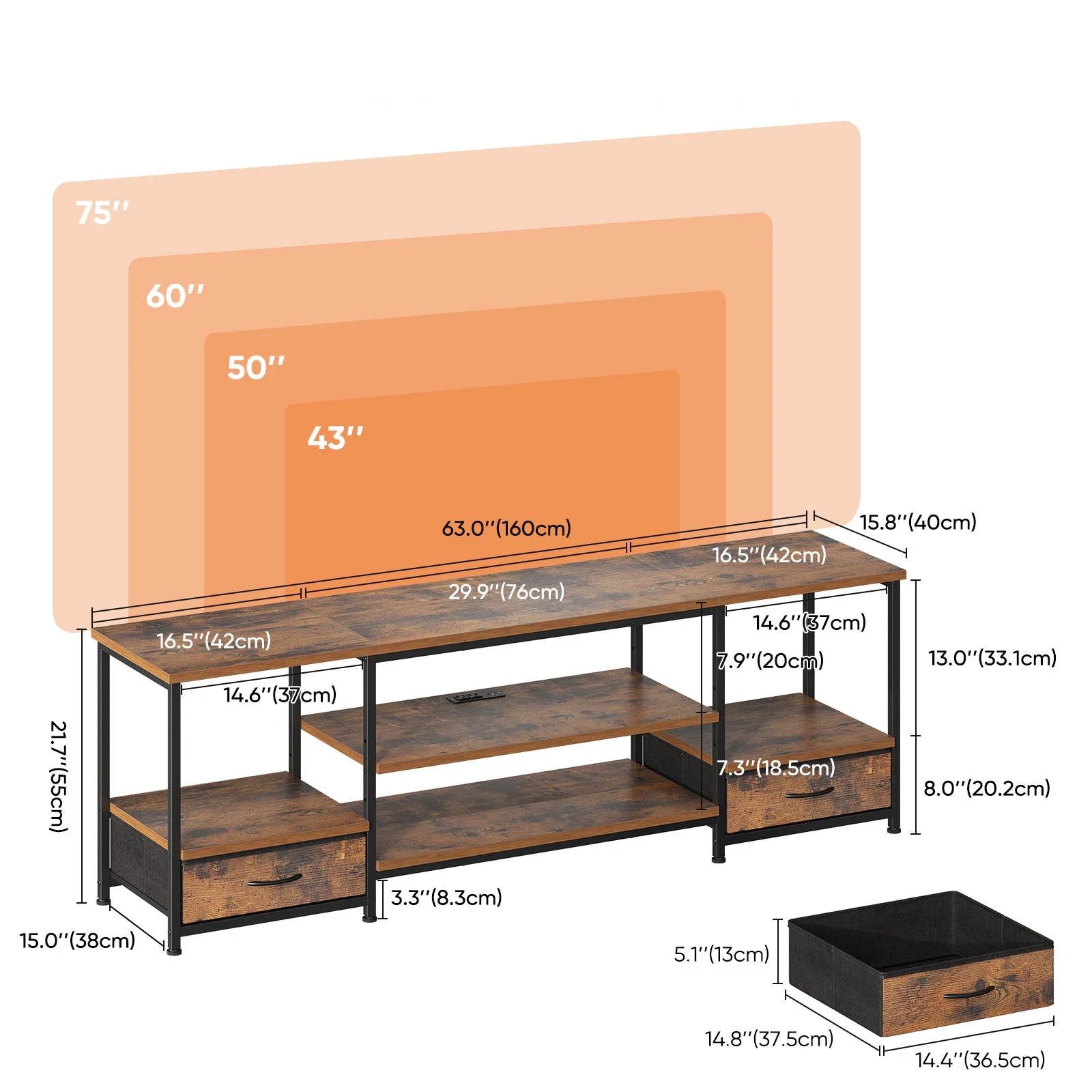Cable‑Free Living: TV Stand Featuring Built‑In Outlet, Fabric Drawers & 110 lb Shelf Support, view 6
