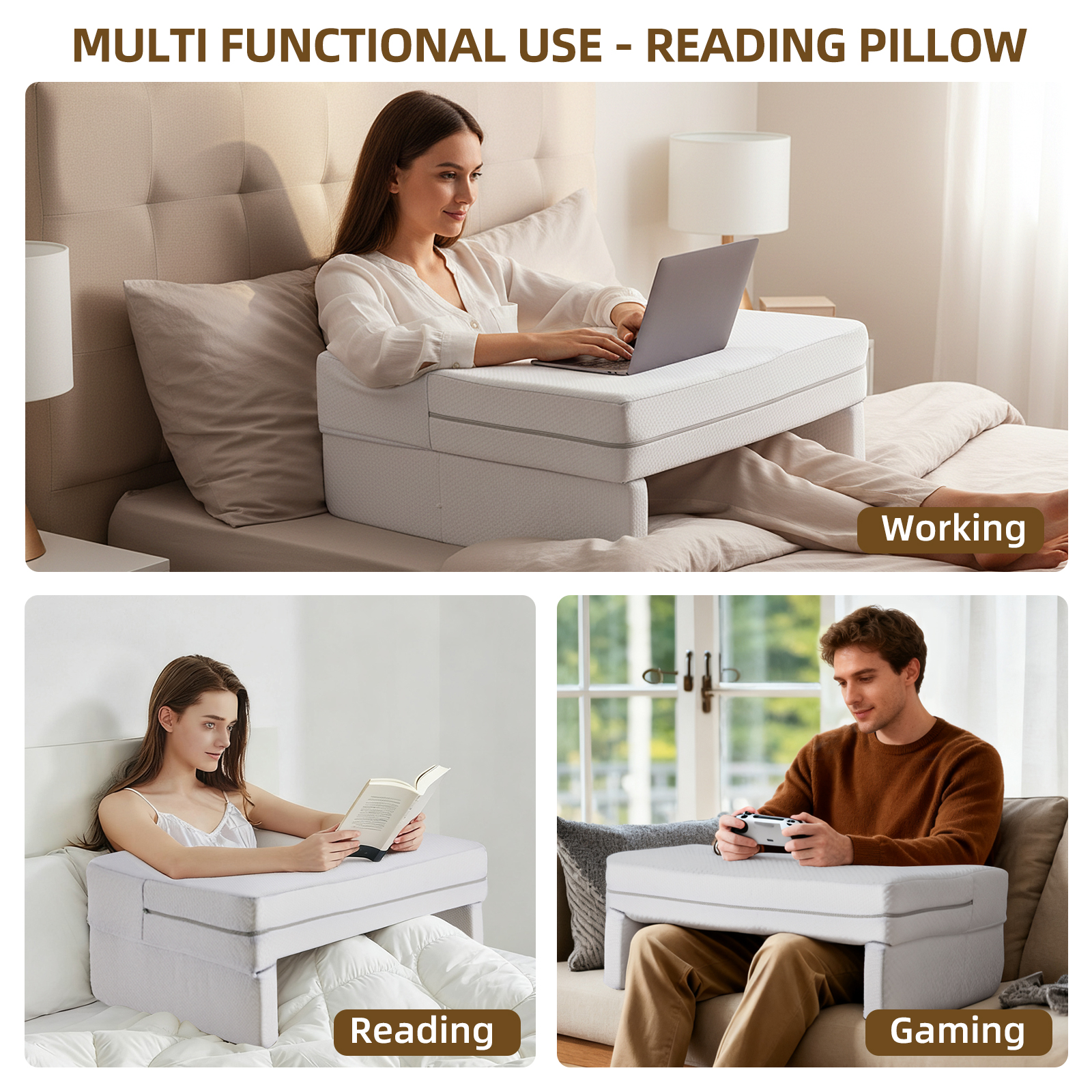 Ergonomic Reading Pillow with Armrests – Portable Lap Desk for Books & Laptops, view 2