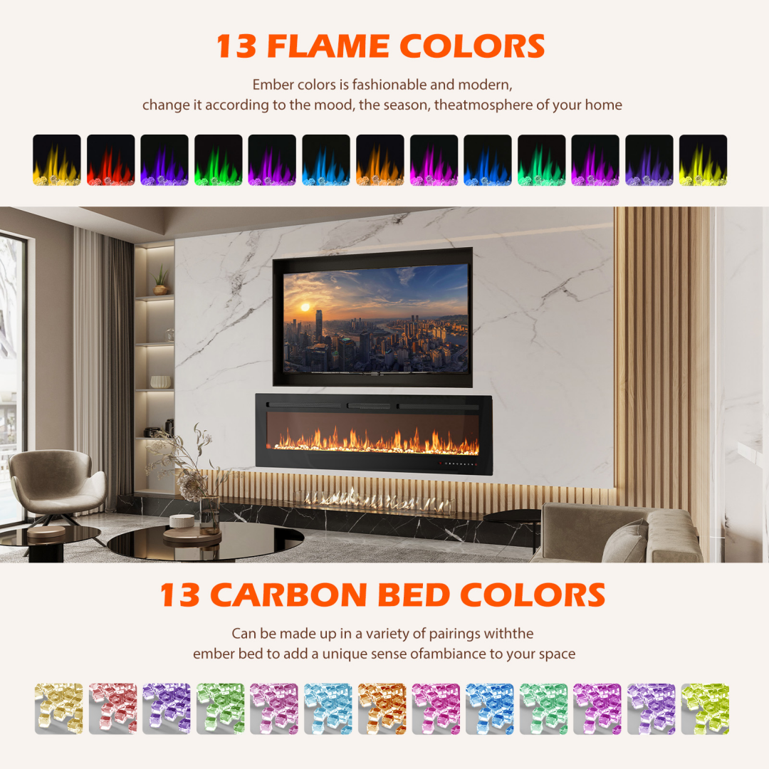 Electric Fireplace Heater 1500W/750W – Slim 3.9" Insert, Wall‑Mount, Recessed or Freestanding, Remote, 13‑Color Flame, view 3