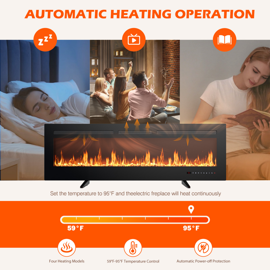 Electric Fireplace Heater 1500W/750W – Slim 3.9" Insert, Wall‑Mount, Recessed or Freestanding, Remote, 13‑Color Flame, view 4