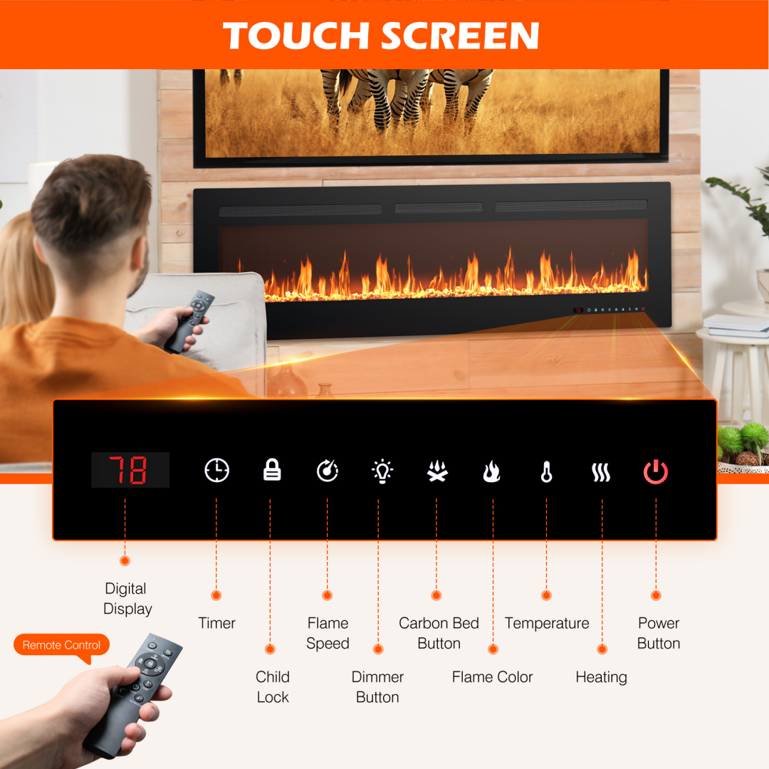 Electric Fireplace Heater 1500W/750W – Slim 3.9" Insert, Wall‑Mount, Recessed or Freestanding, Remote, 13‑Color Flame, view 5