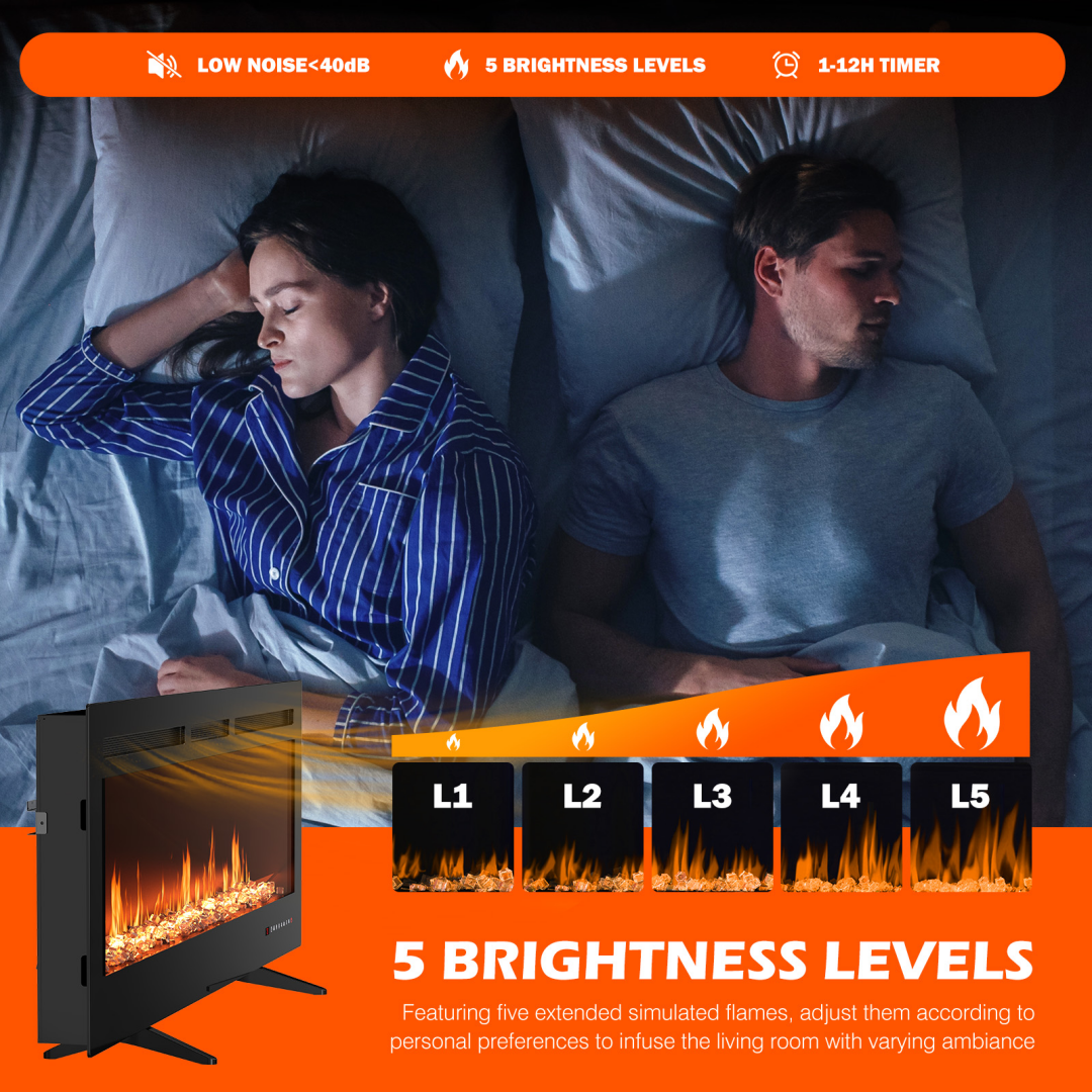 Electric Fireplace Heater 1500W/750W – Slim 3.9" Insert, Wall‑Mount, Recessed or Freestanding, Remote, 13‑Color Flame, view 7