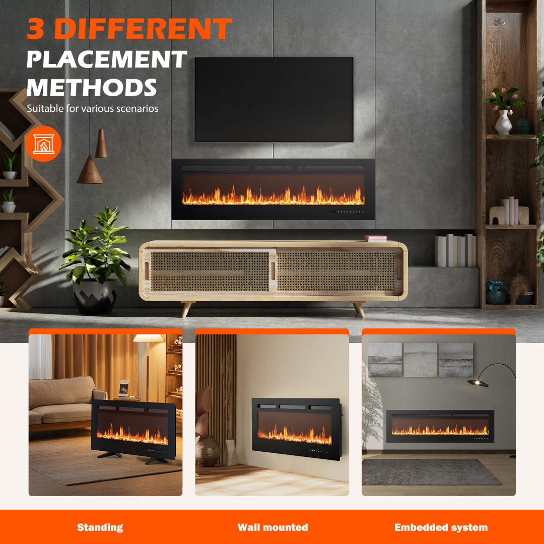 Electric Fireplace Heater 1500W/750W – Slim 3.9" Insert, Wall‑Mount, Recessed or Freestanding, Remote, 13‑Color Flame, view 2