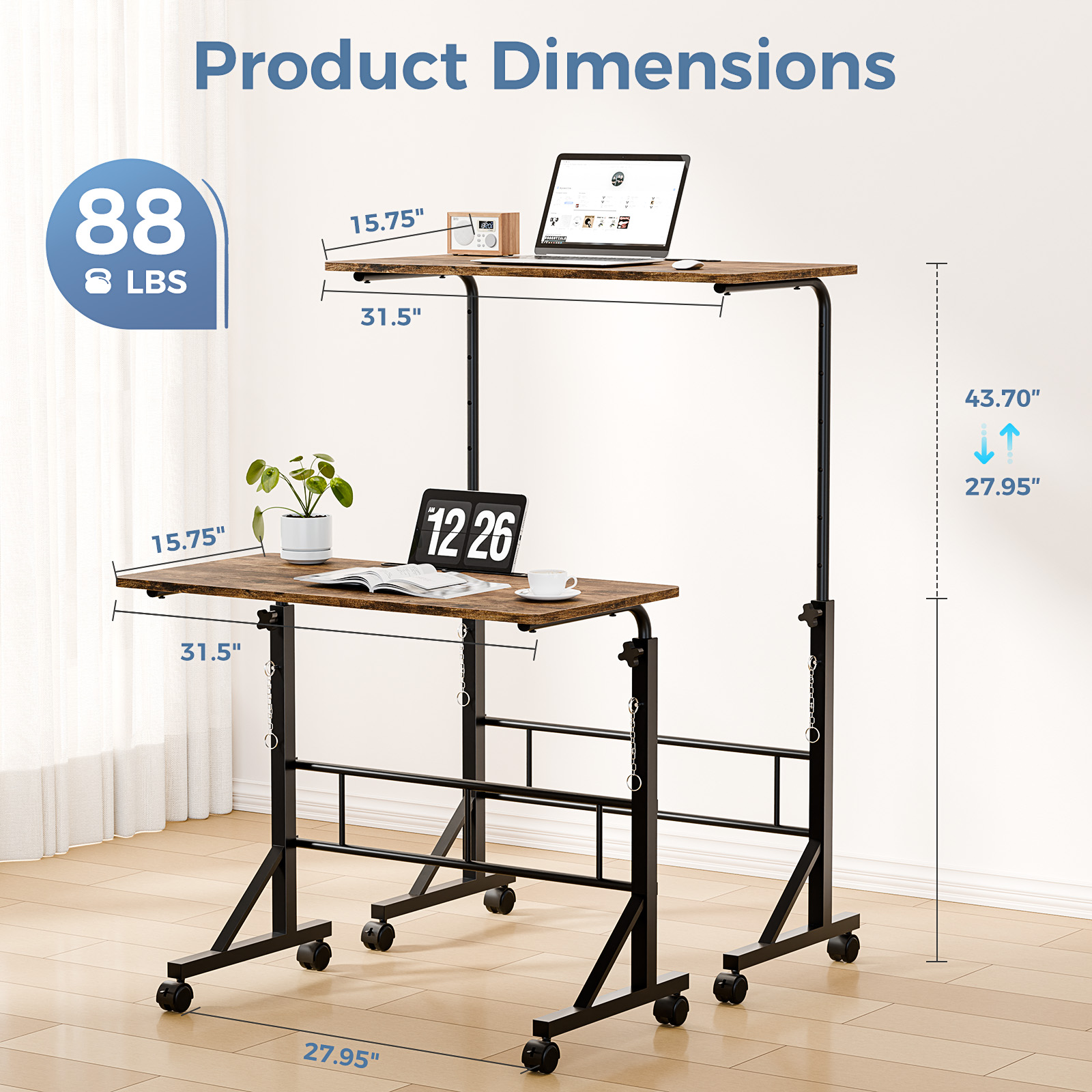 31.5‑Inch Treadmill‑Compatible Adjustable Height Mobile Desk with Locking Wheels, view 2