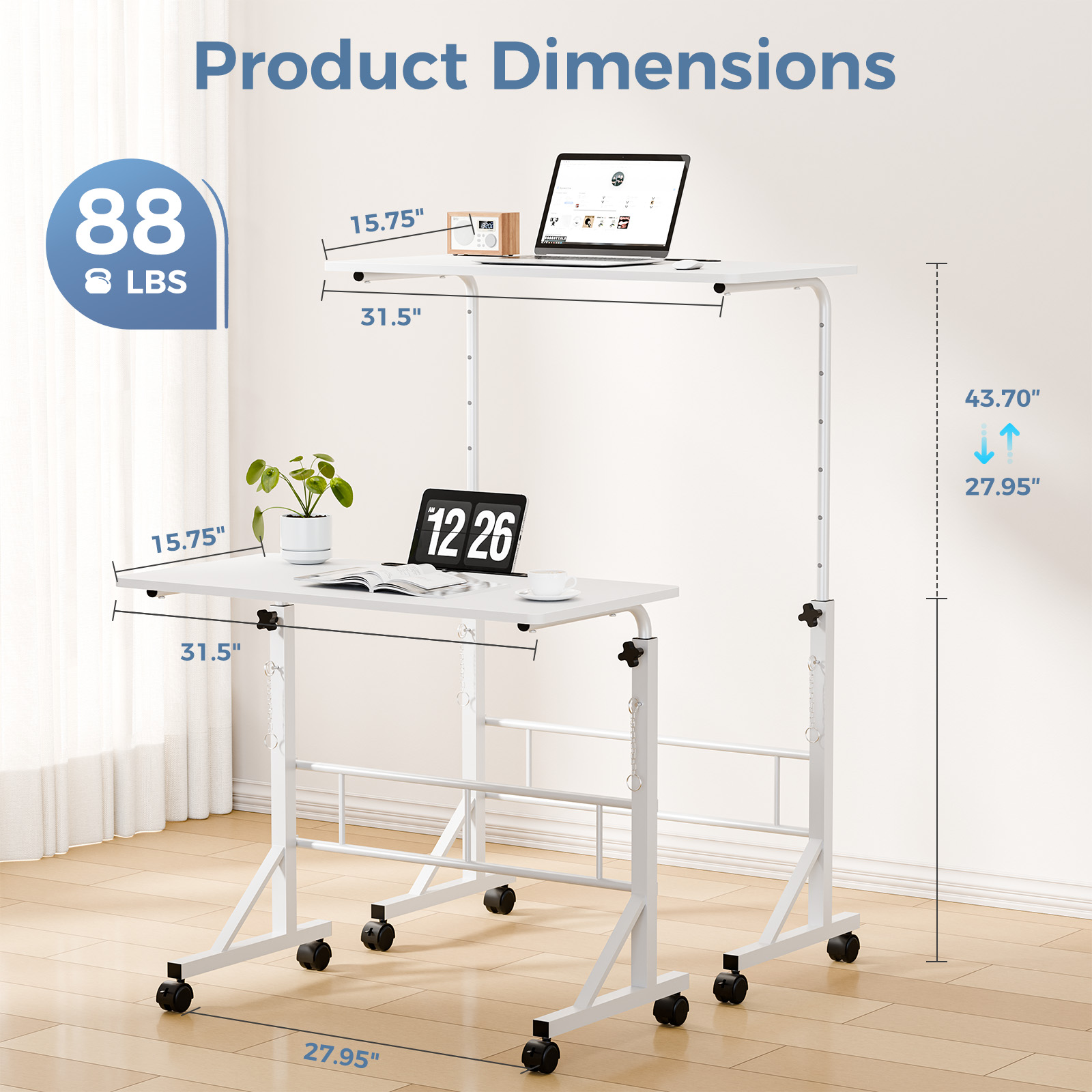 31.5‑Inch Treadmill‑Compatible Adjustable Height Mobile Desk with Locking Wheels