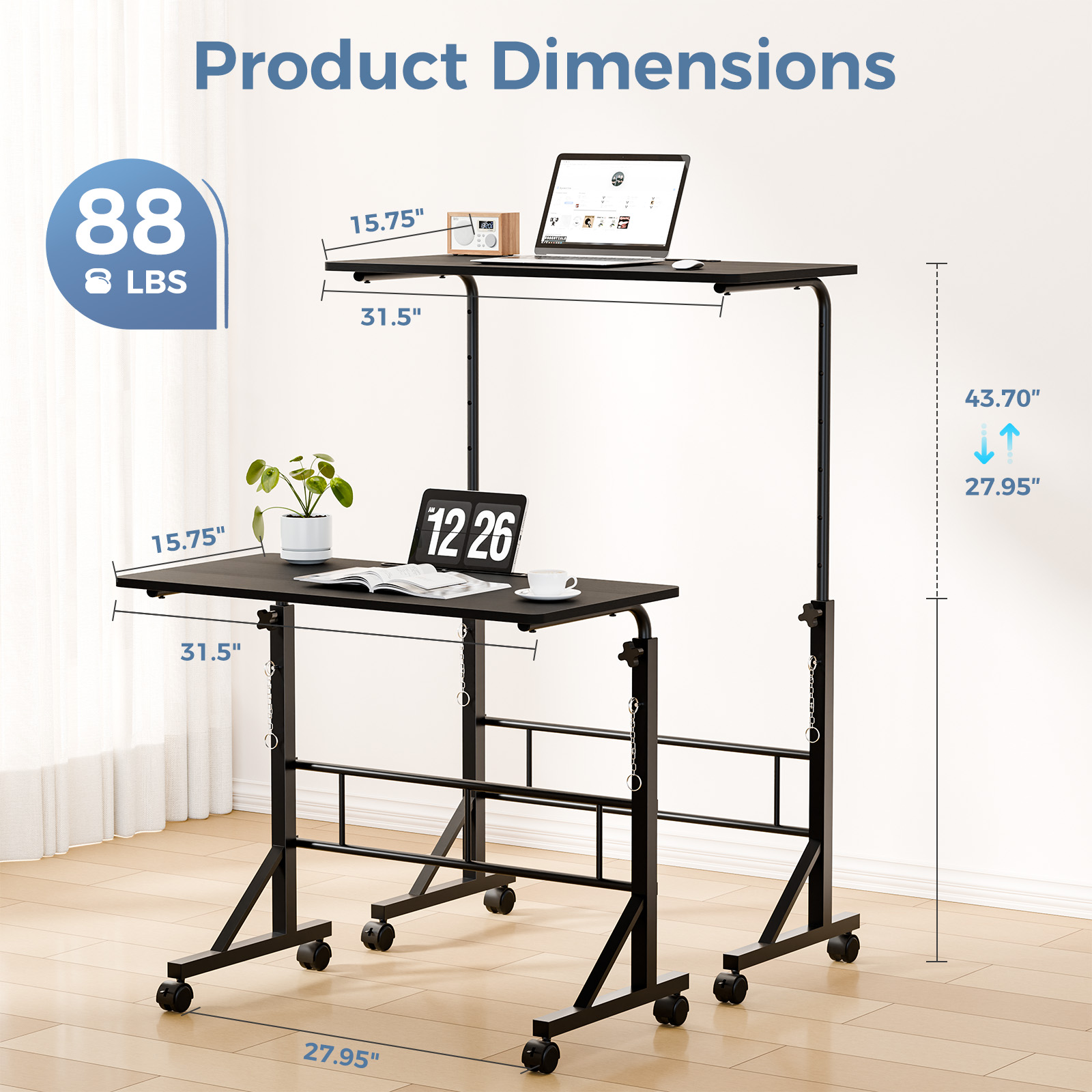 31.5‑Inch Treadmill‑Compatible Adjustable Height Mobile Desk with Locking Wheels, view 6