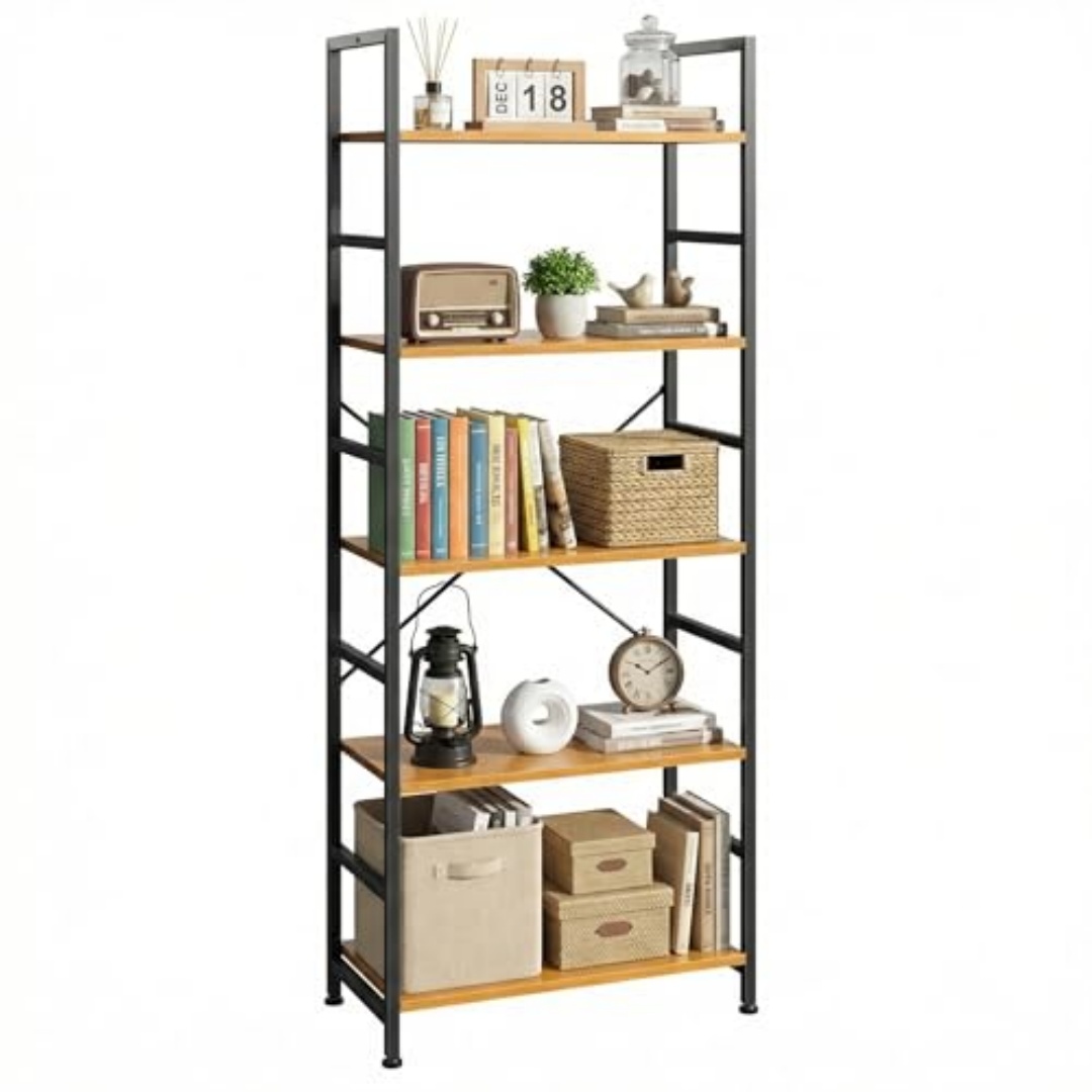 Fits Small Spaces: 5‑Tier Vertical Bookcase Holds Up to 150 lb Total, Sturdy Metal Frame, view 2