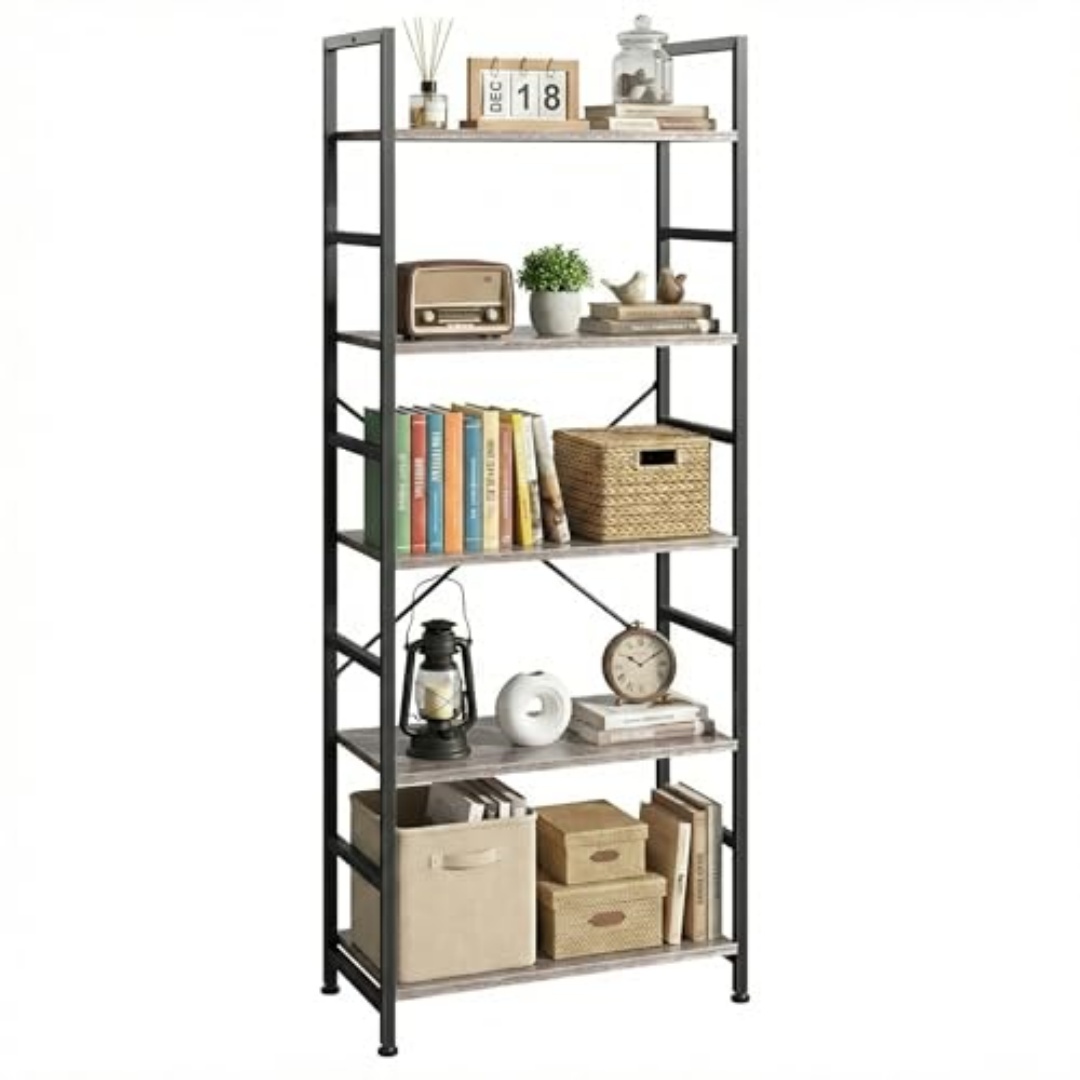Fits Small Spaces: 5‑Tier Vertical Bookcase Holds Up to 150 lb Total, Sturdy Metal Frame, view 3