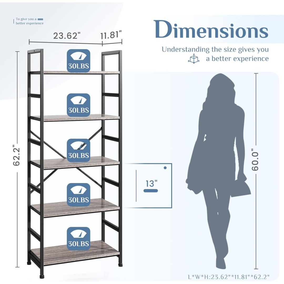 Fits Small Spaces: 5‑Tier Vertical Bookcase Holds Up to 150 lb Total, Sturdy Metal Frame