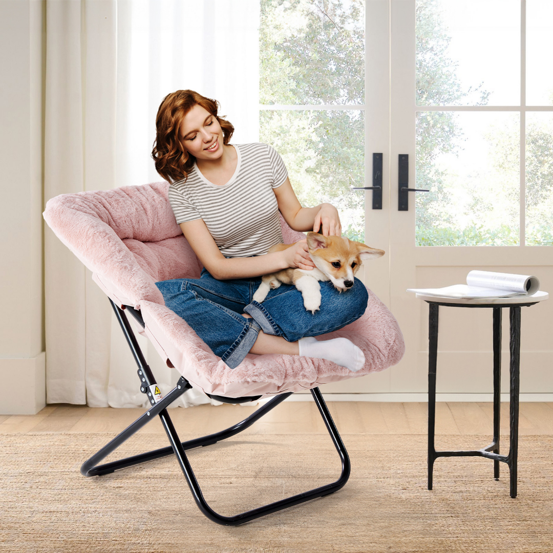 Faux Fur Folding Lounge Chair – Large Adult Size, Gray, Pink, White, view 3