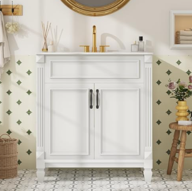 30‑Inch White Bathroom Vanity with Soft‑Close Doors & Ceramic Sink – Modern Farmhouse, view 2