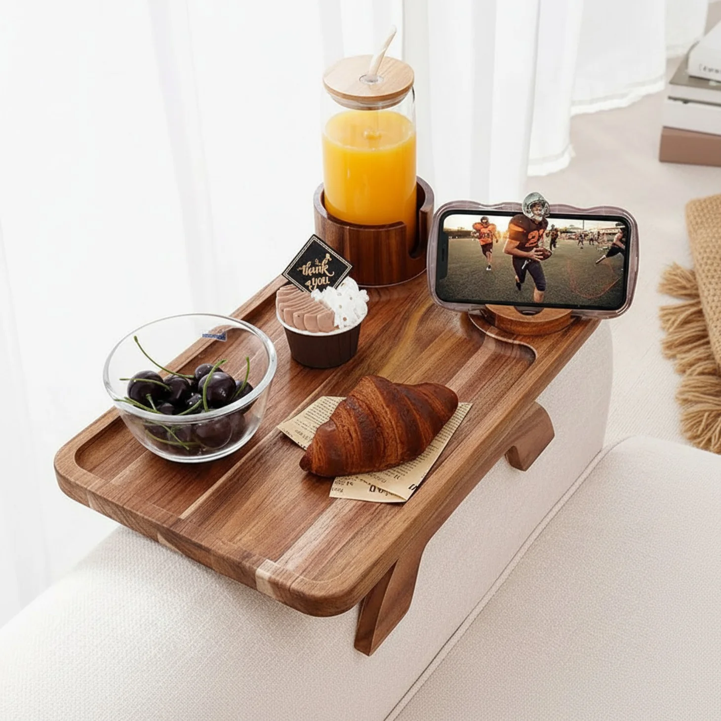 Acacia Wood Sofa Armrest Tray with 360° Rotating Cup Holder & Phone Stand