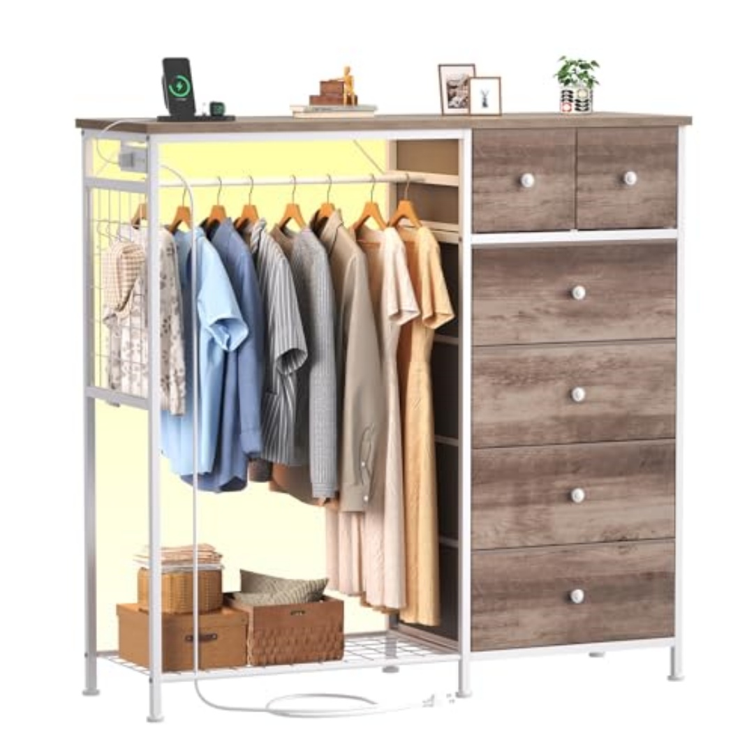Smart Fabric Locker with LED Mood Light, USB/AC Charging, 6 Drawers & Hanging Rack