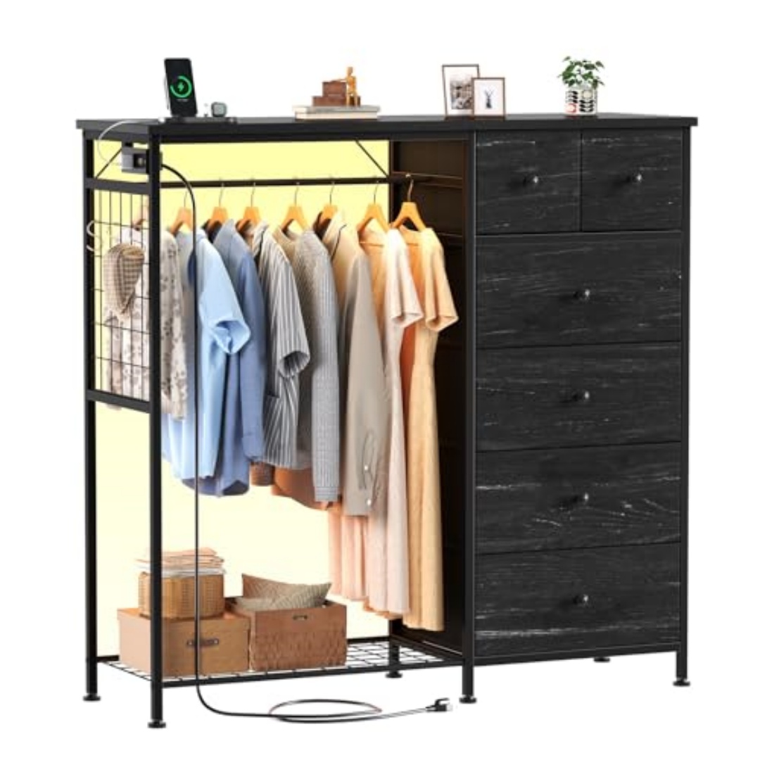 Smart Fabric Locker with LED Mood Light, USB/AC Charging, 6 Drawers & Hanging Rack, view 2