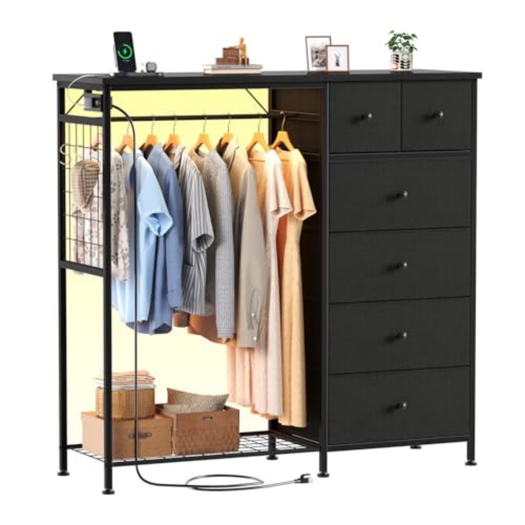 Smart Fabric Locker with LED Mood Light, USB/AC Charging, 6 Drawers & Hanging Rack, view 3