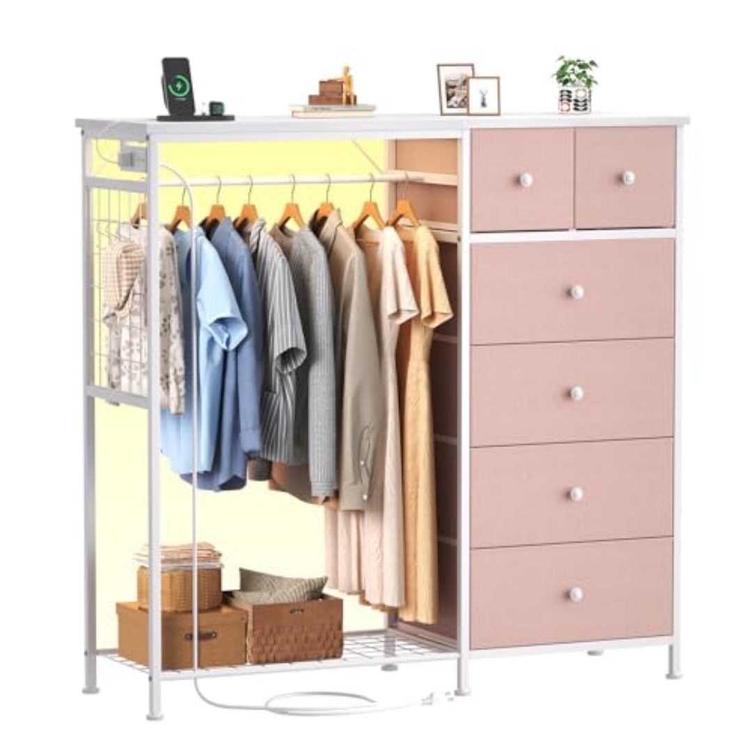 Smart Fabric Locker with LED Mood Light, USB/AC Charging, 6 Drawers & Hanging Rack, view 4