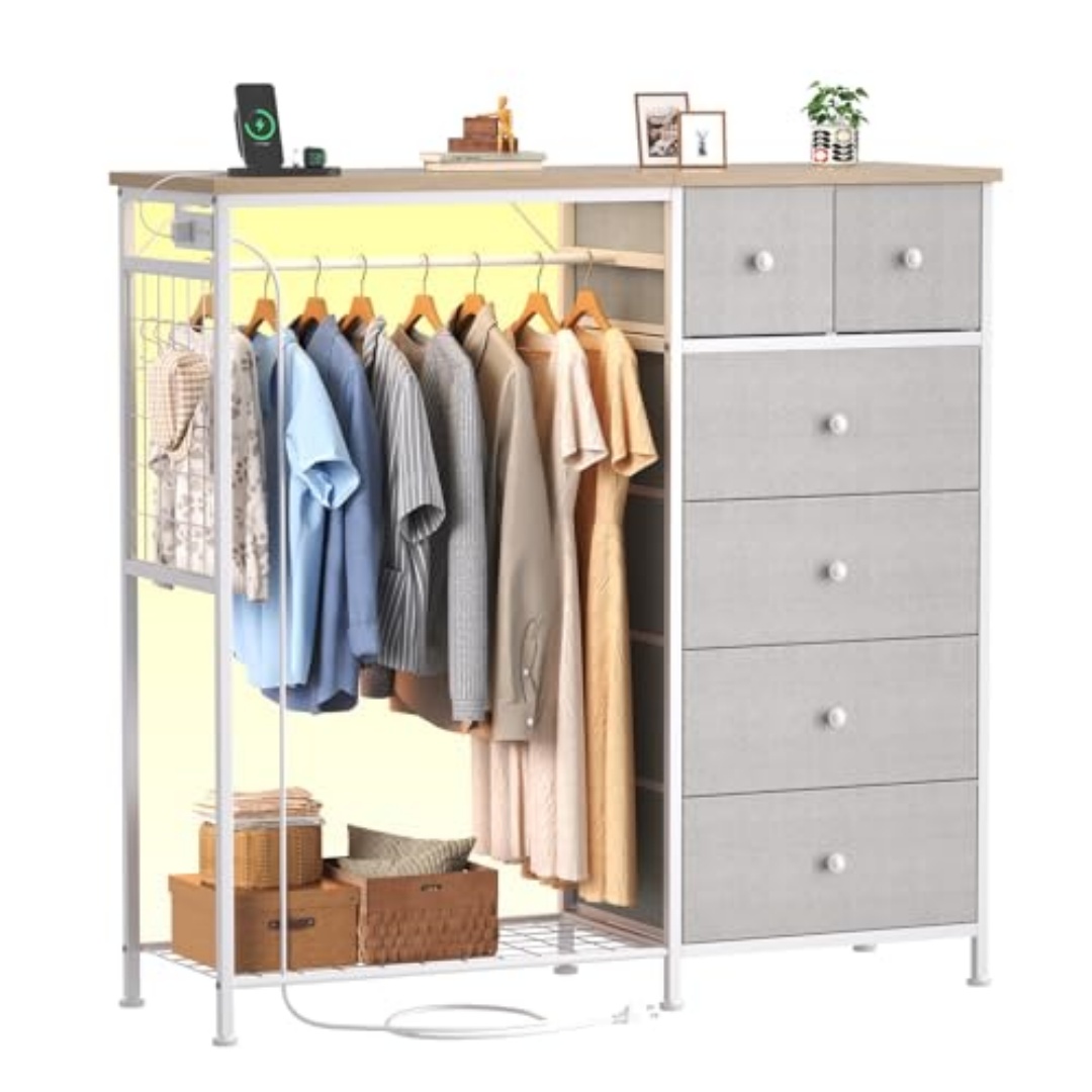 Smart Fabric Locker with LED Mood Light, USB/AC Charging, 6 Drawers & Hanging Rack, view 5
