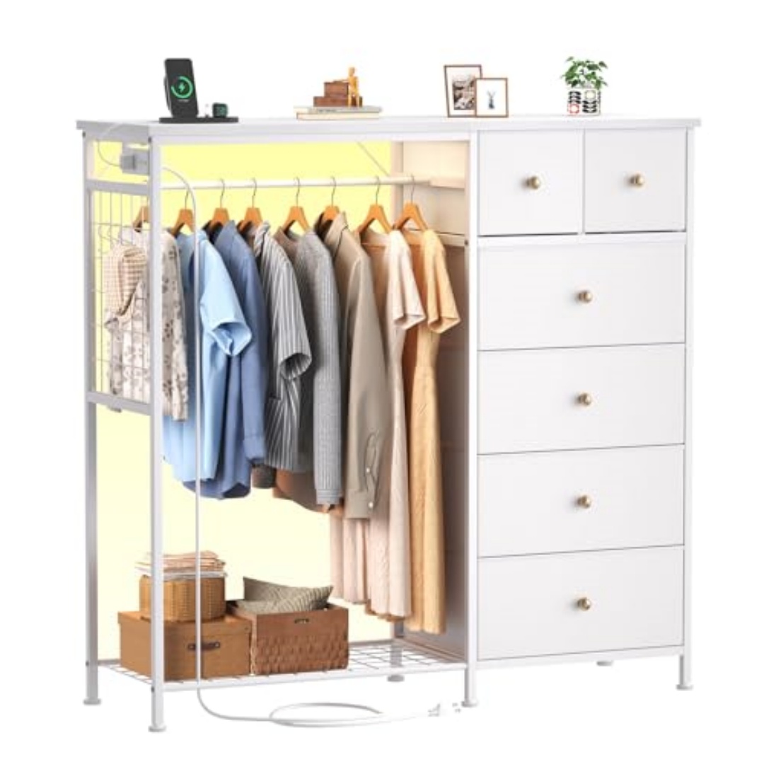 Smart Fabric Locker with LED Mood Light, USB/AC Charging, 6 Drawers & Hanging Rack, view 7