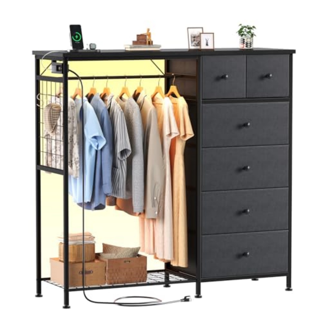 Smart Fabric Locker with LED Mood Light, USB/AC Charging, 6 Drawers & Hanging Rack, view 8
