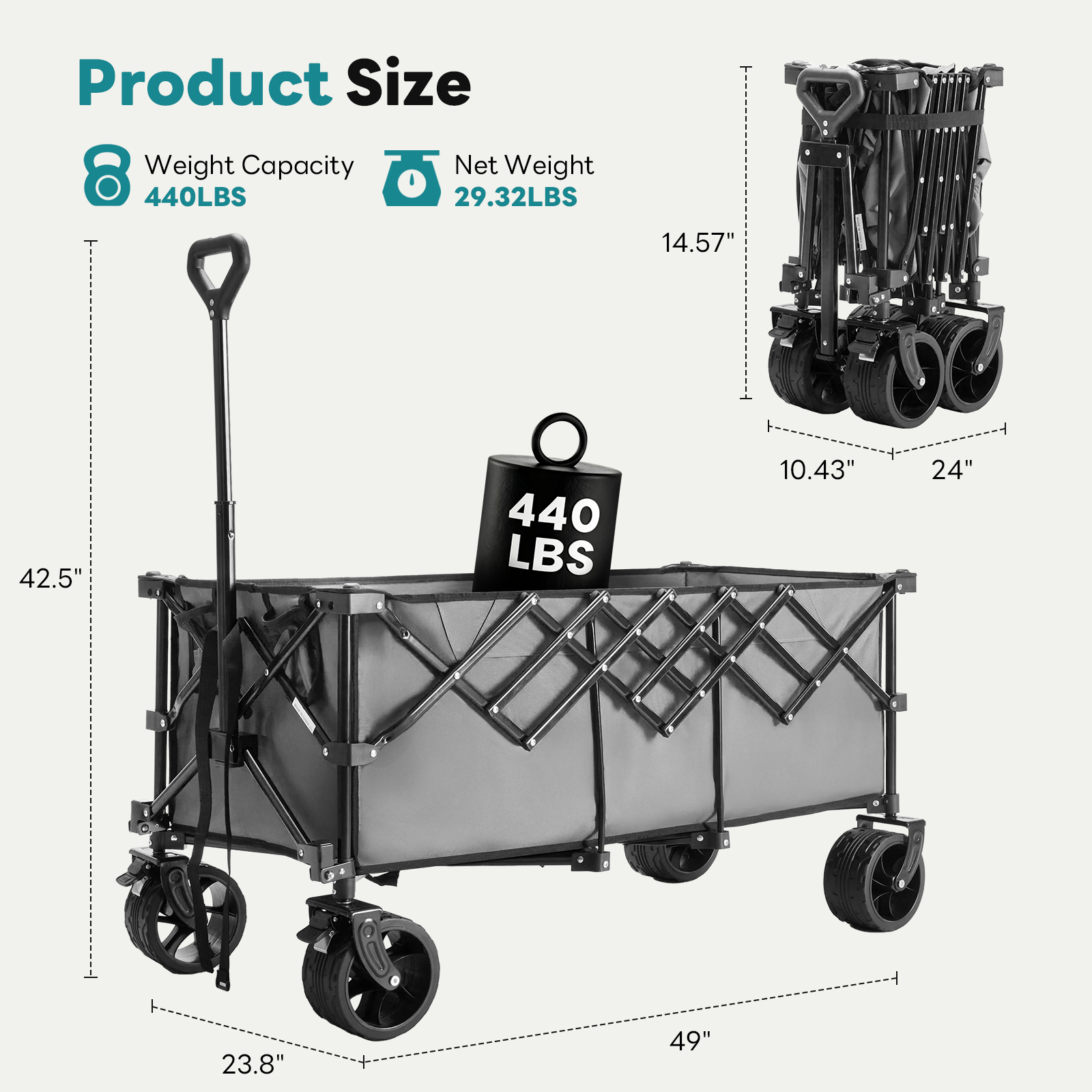 300L Heavy‑Duty Folding Wagon with 440lb Capacity & 7‑Inch All‑Terrain Wheels