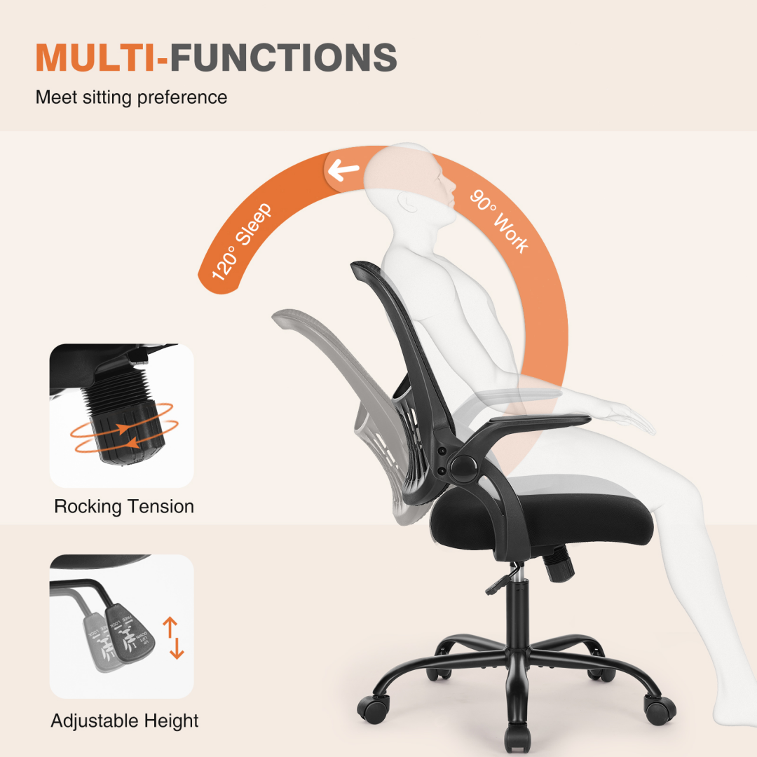 Ergonomic Office Chair with Lumbar Support, Height‑Adjustable, Built‑In Storage Pocket, Rocking Recline – Black Mesh